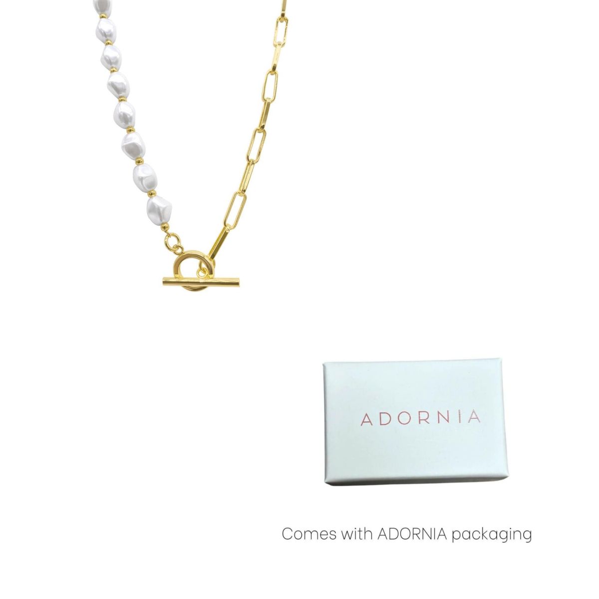 Tarnish Resistant 14k Gold Plated Pearl and Paper Clip Chain Toggle Necklace