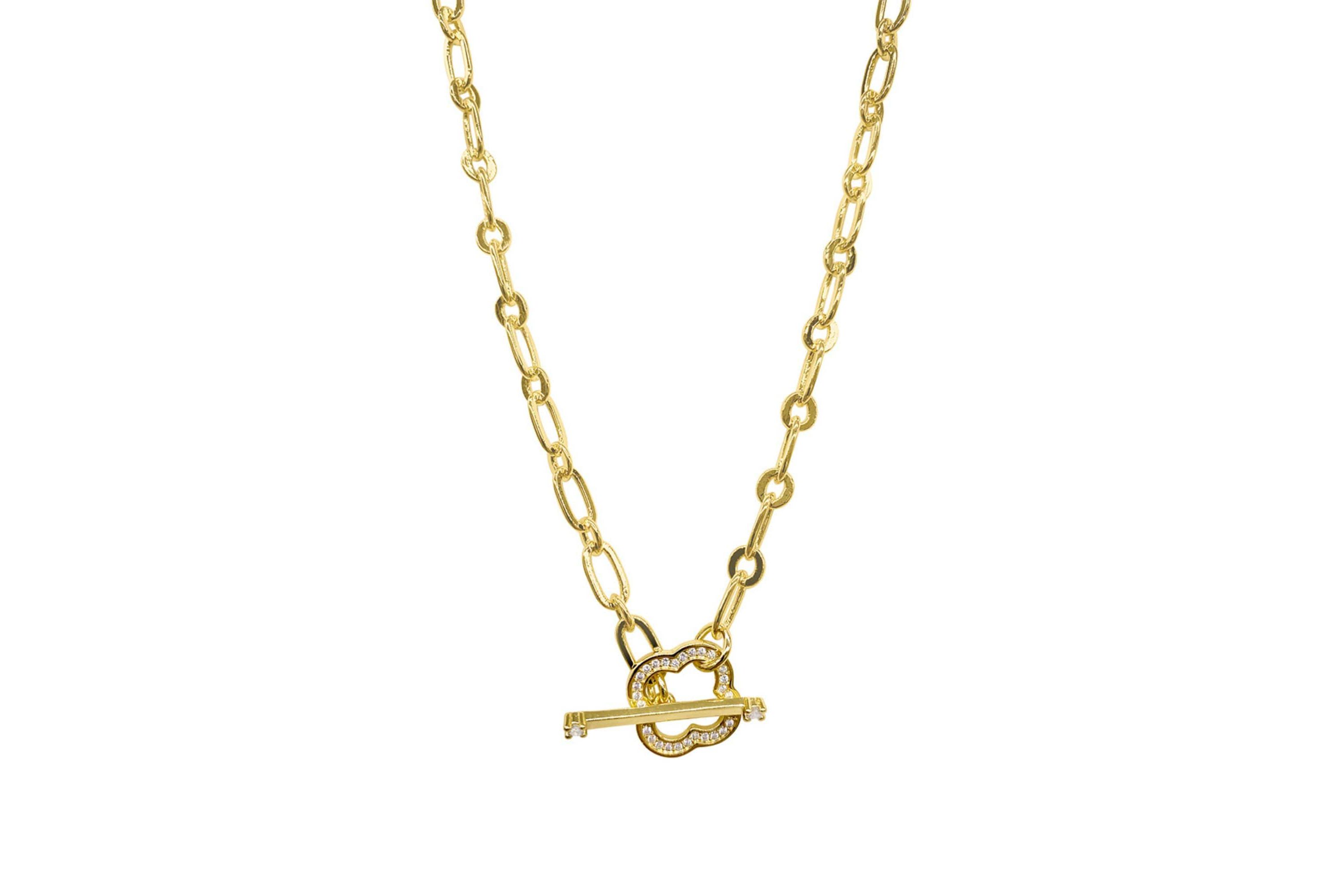 14k Gold Plated Crystal Clover Paper Clip Chain Toggle Necklace