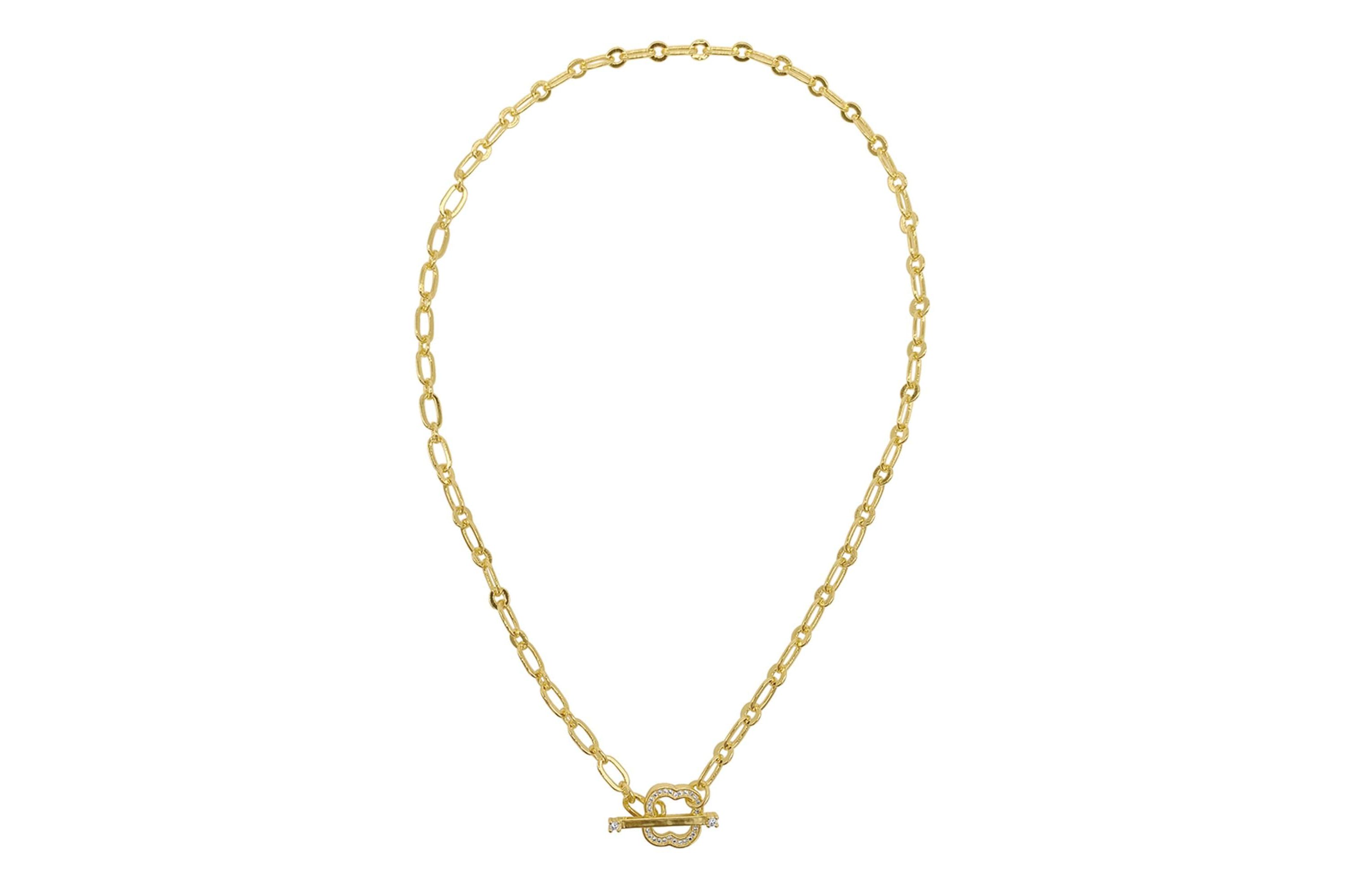 14k Gold Plated Crystal Clover Paper Clip Chain Toggle Necklace