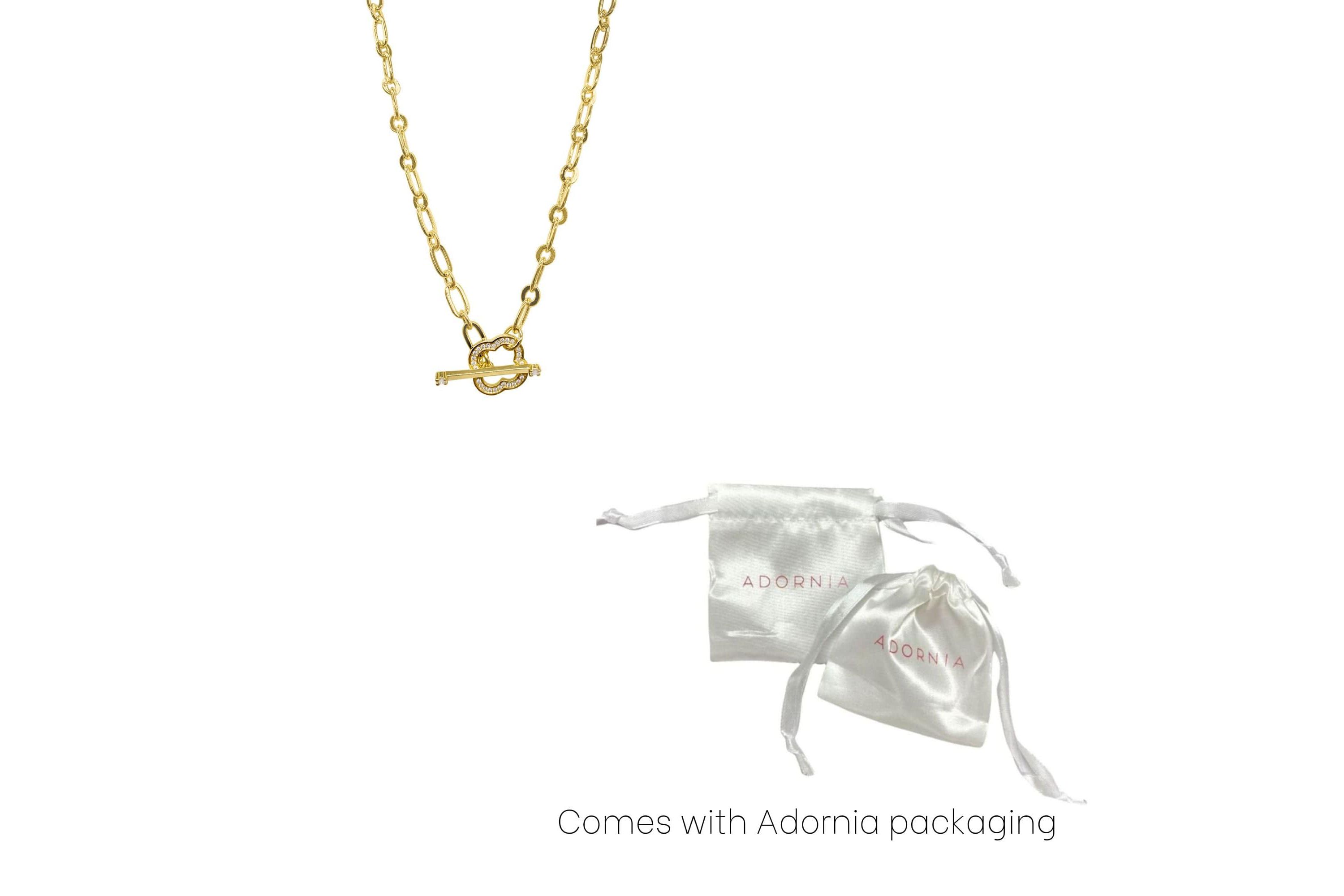 14k Gold Plated Crystal Clover Paper Clip Chain Toggle Necklace