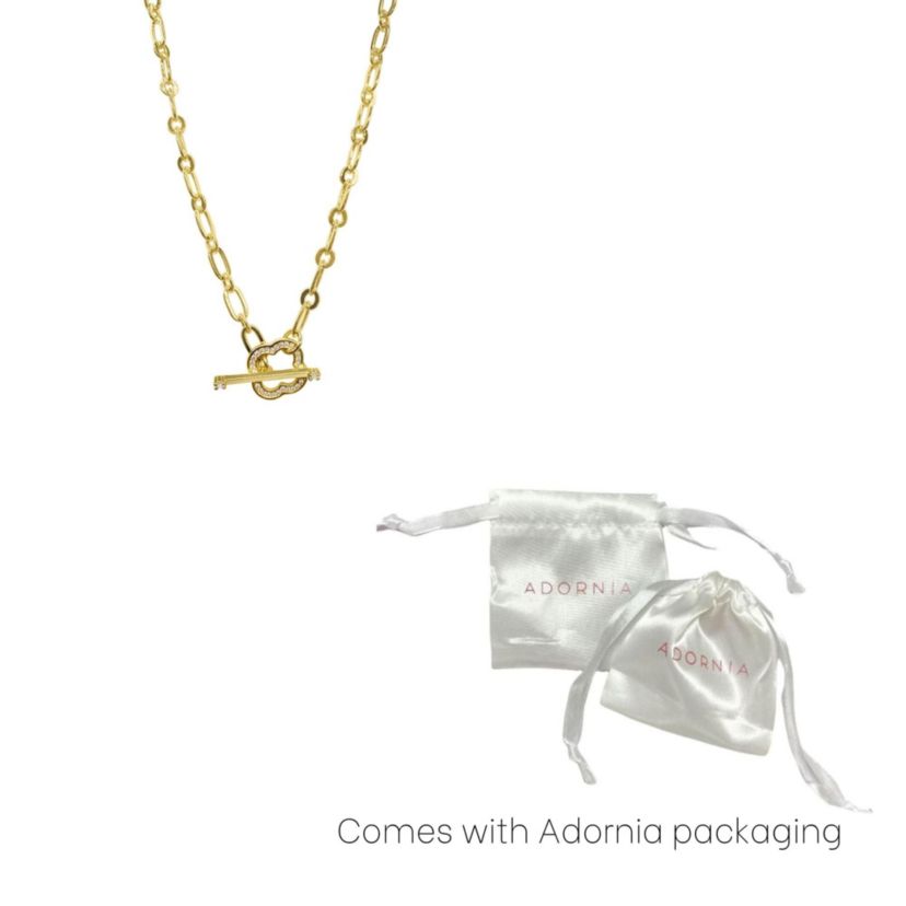 14k Gold Plated Crystal Clover Paper Clip Chain Toggle Necklace