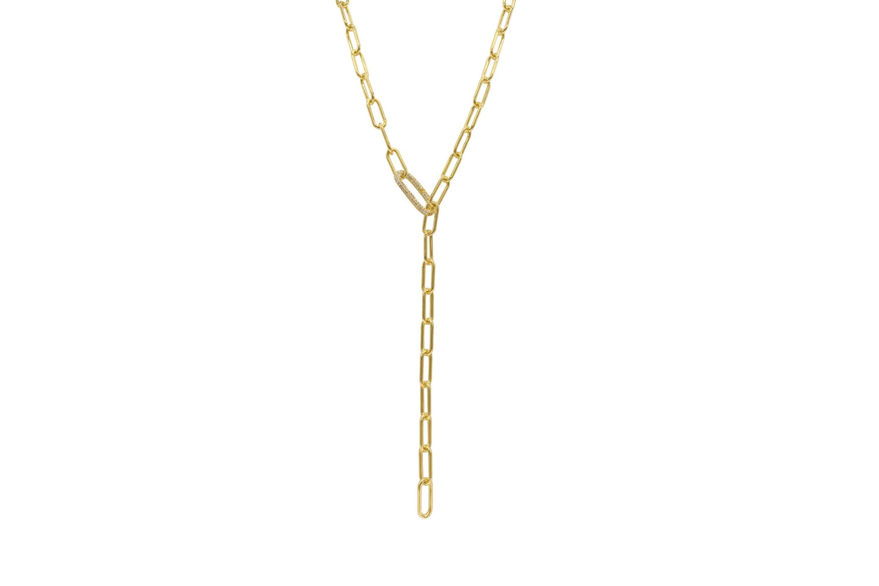 14k Gold Plated Paper Clip Chain Lariat Necklace with Crystal Adjustable Lock