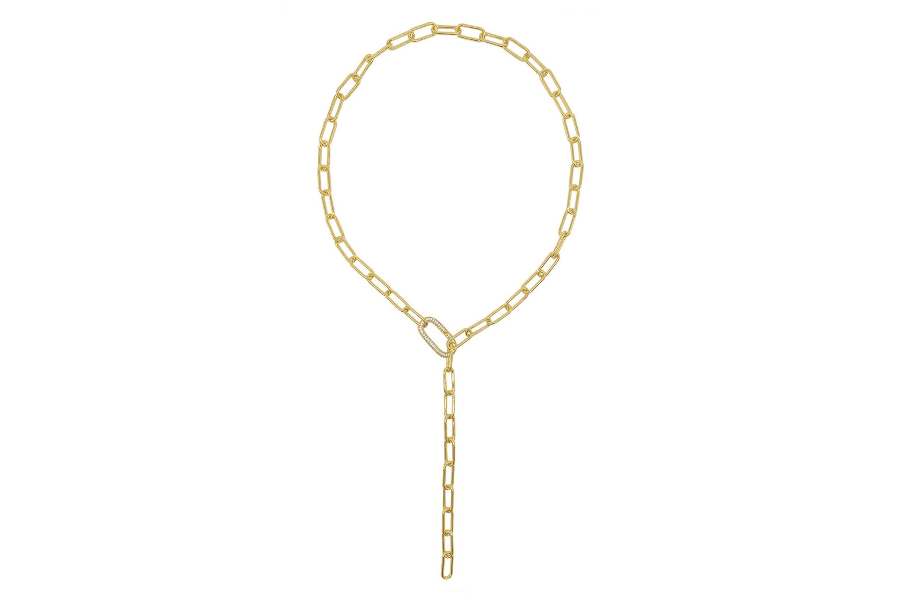 14k Gold Plated Paper Clip Chain Lariat Necklace with Crystal Adjustable Lock