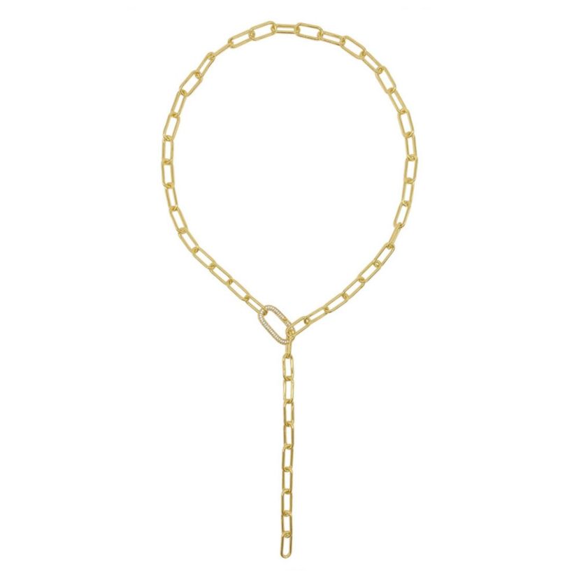14k Gold Plated Paper Clip Chain Lariat Necklace with Crystal Adjustable Lock