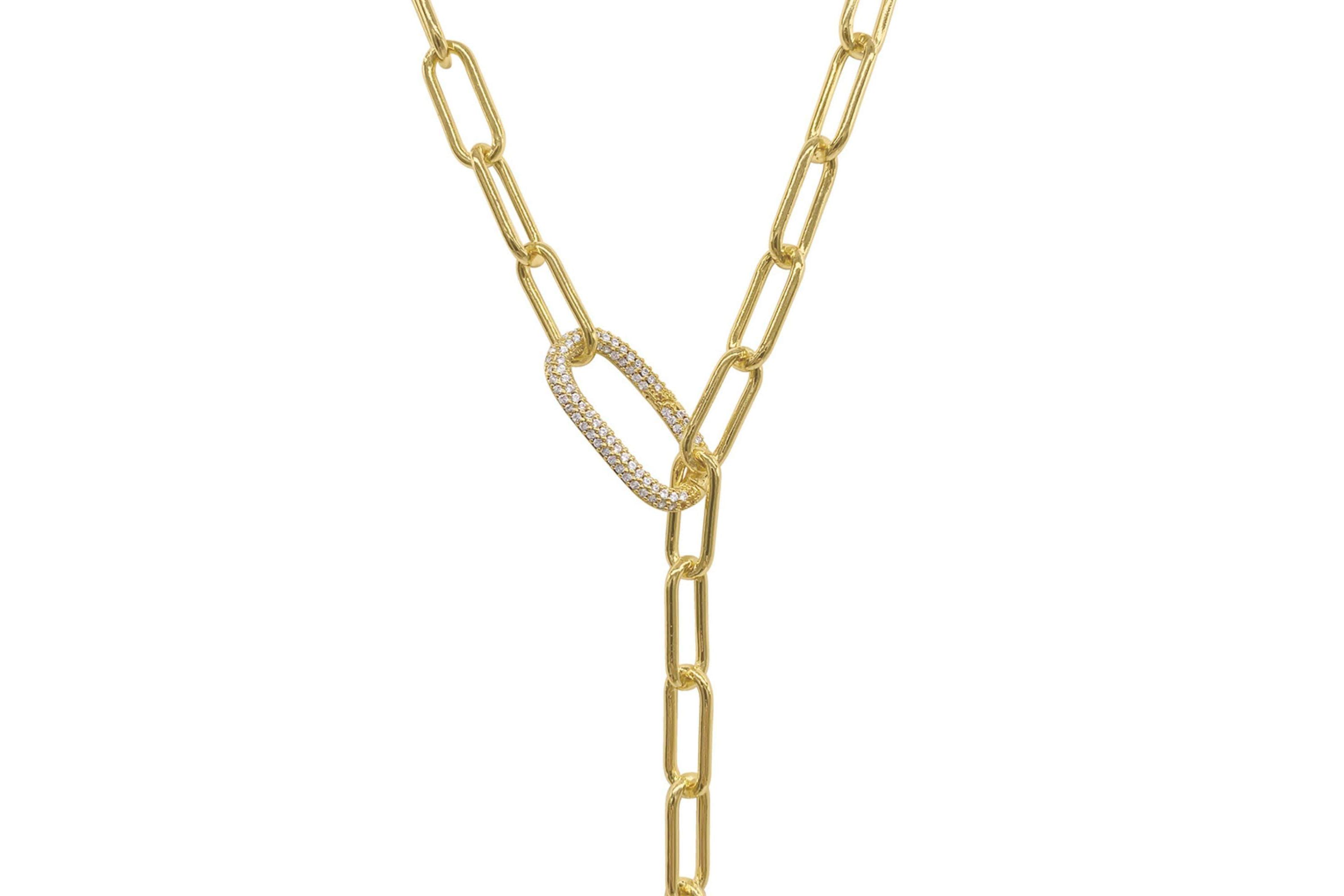 14k Gold Plated Paper Clip Chain Lariat Necklace with Crystal Adjustable Lock