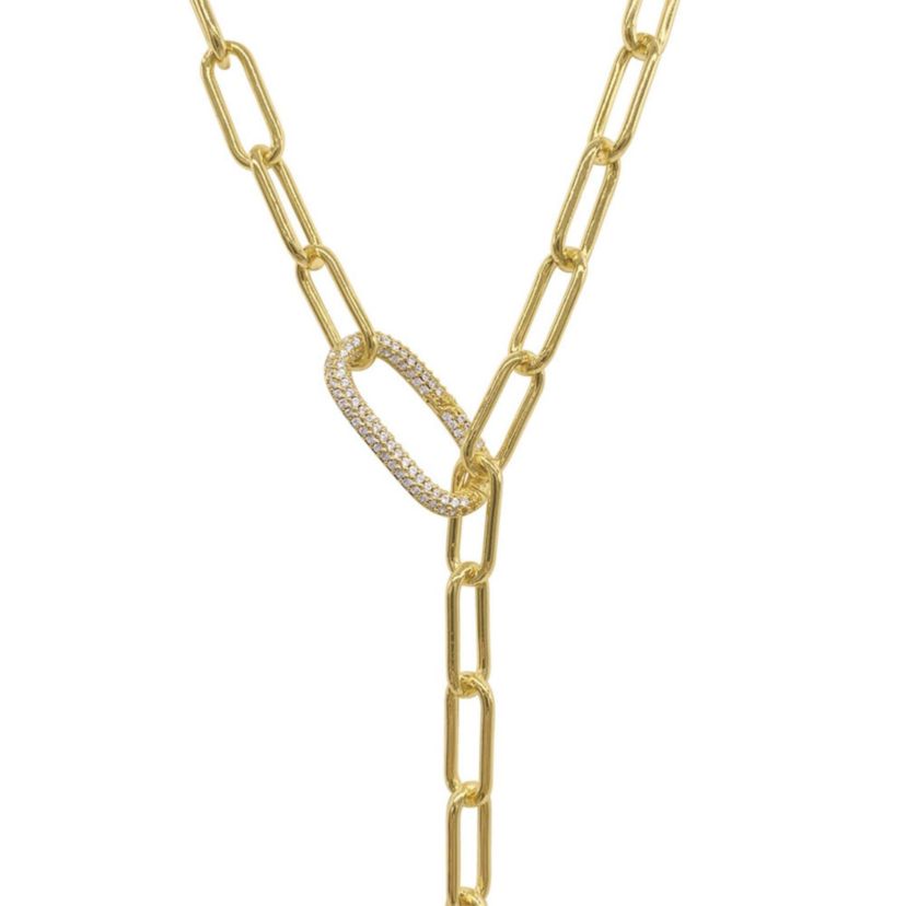 14k Gold Plated Paper Clip Chain Lariat Necklace with Crystal Adjustable Lock