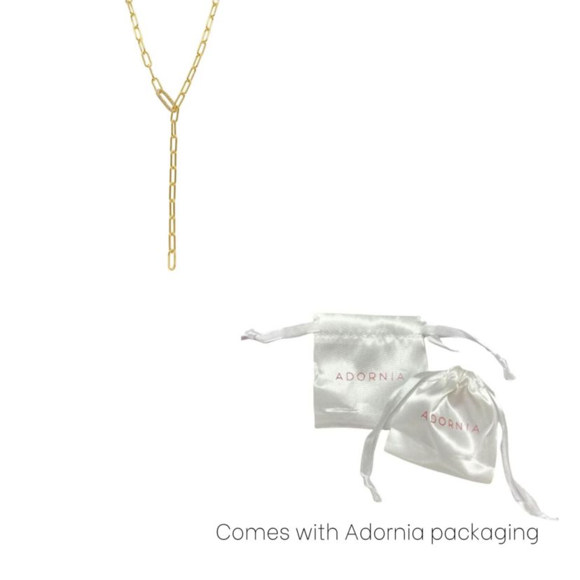 14k Gold Plated Paper Clip Chain Lariat Necklace with Crystal Adjustable Lock