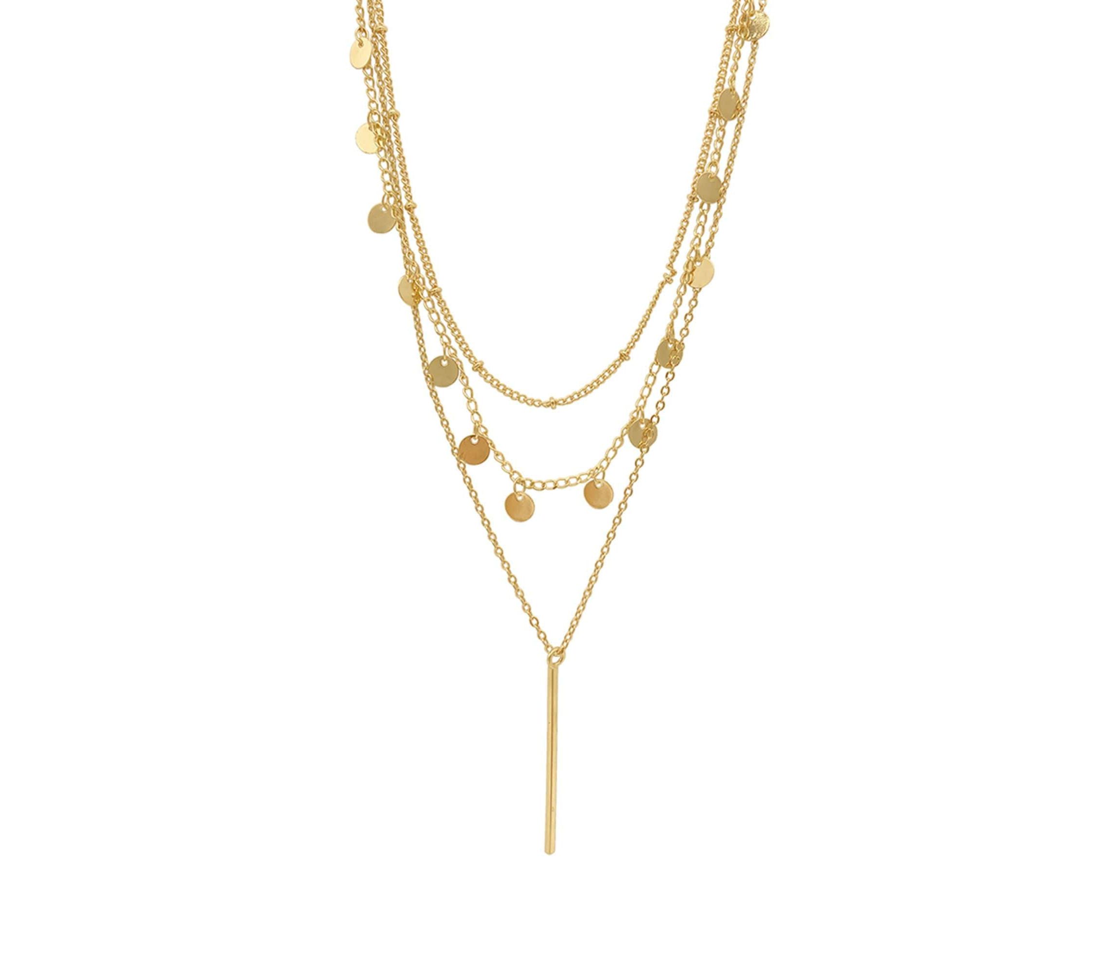 Tarnish Resistant 14k Gold Plated Triplet Confetti and Bar Layered Set Necklace