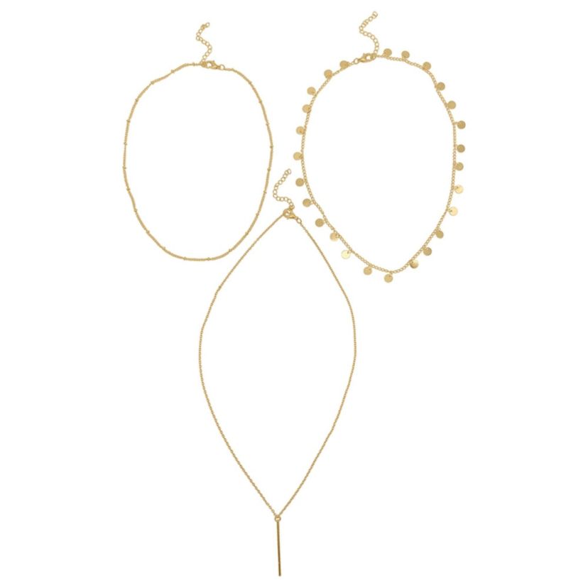 Tarnish Resistant 14k Gold Plated Triplet Confetti and Bar Layered Set Necklace