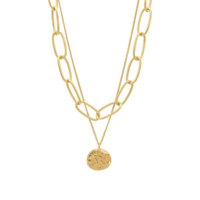 Adornia 14k Gold Plated Oval Link Chain and Coin Pendant Layered Necklace