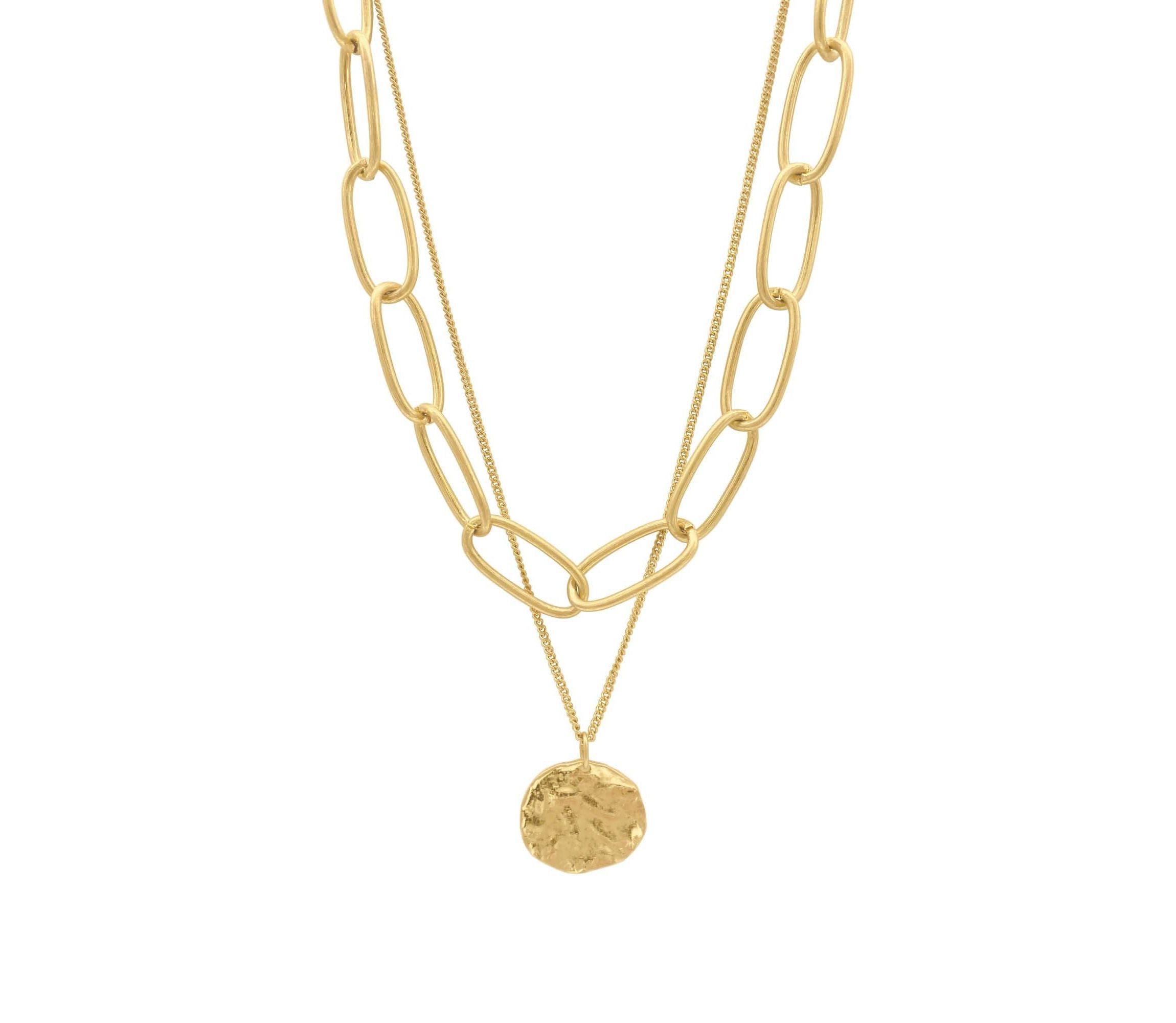 14k Gold Plated Oval Link Chain and Coin Pendant Layered Necklace