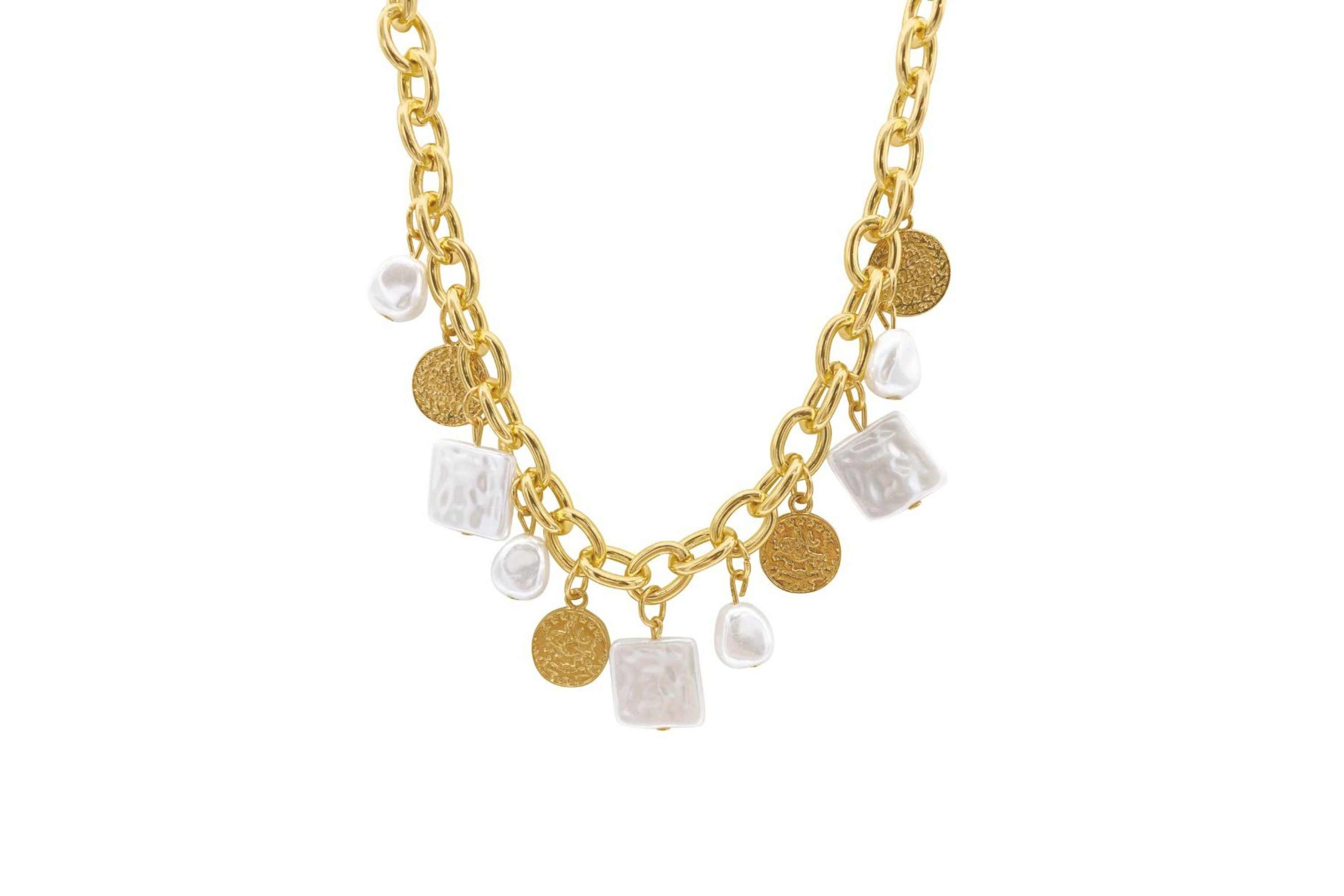 14k Gold Plated Oval Link Chain with Hammered Coin and Multishape Pearl Charms Necklace