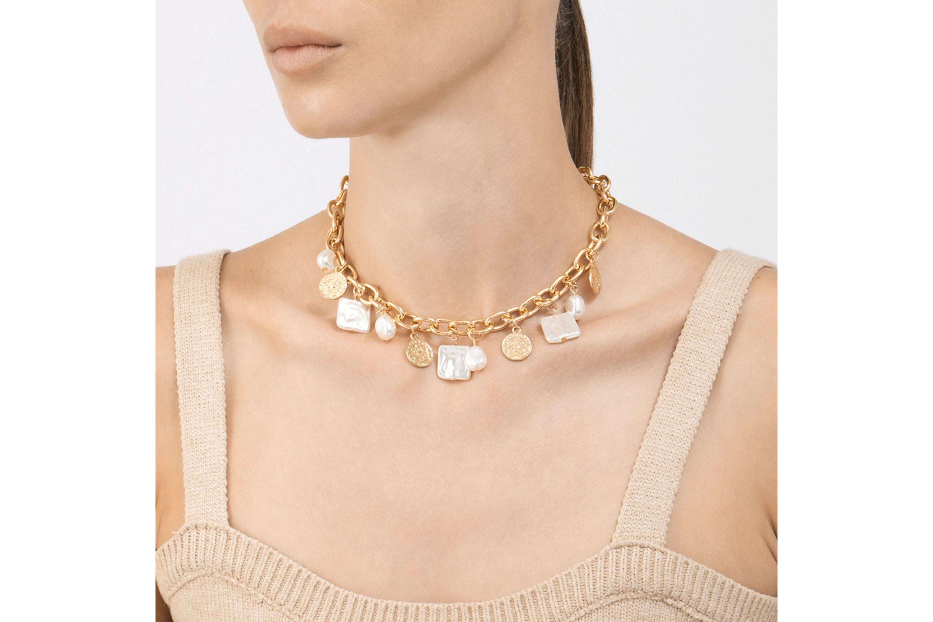 14k Gold Plated Oval Link Chain with Hammered Coin and Multishape Pearl Charms Necklace