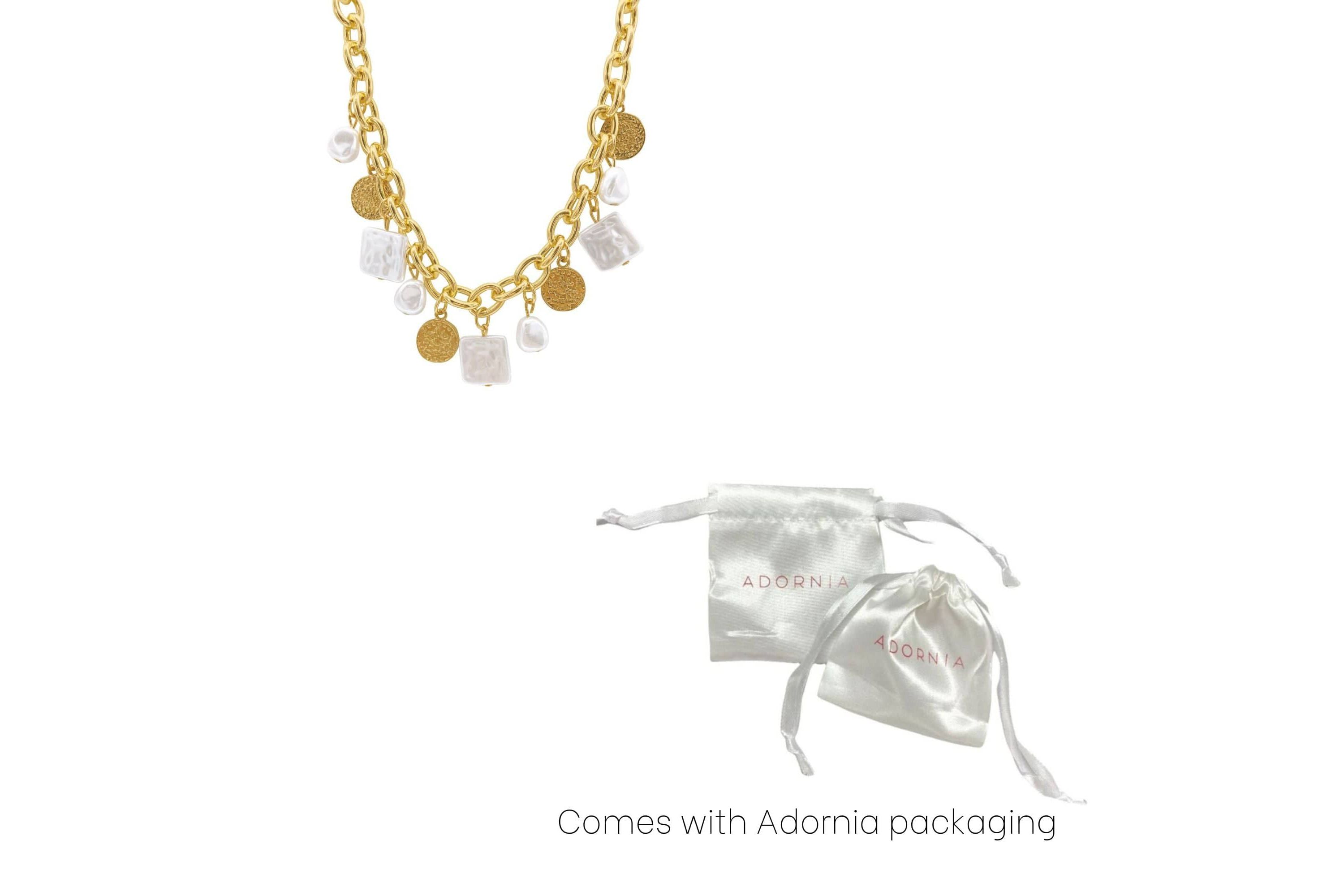 14k Gold Plated Oval Link Chain with Hammered Coin and Multishape Pearl Charms Necklace