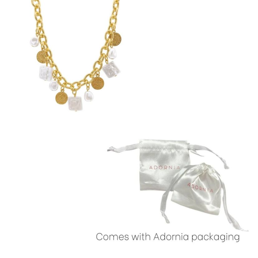 14k Gold Plated Oval Link Chain with Hammered Coin and Multishape Pearl Charms Necklace