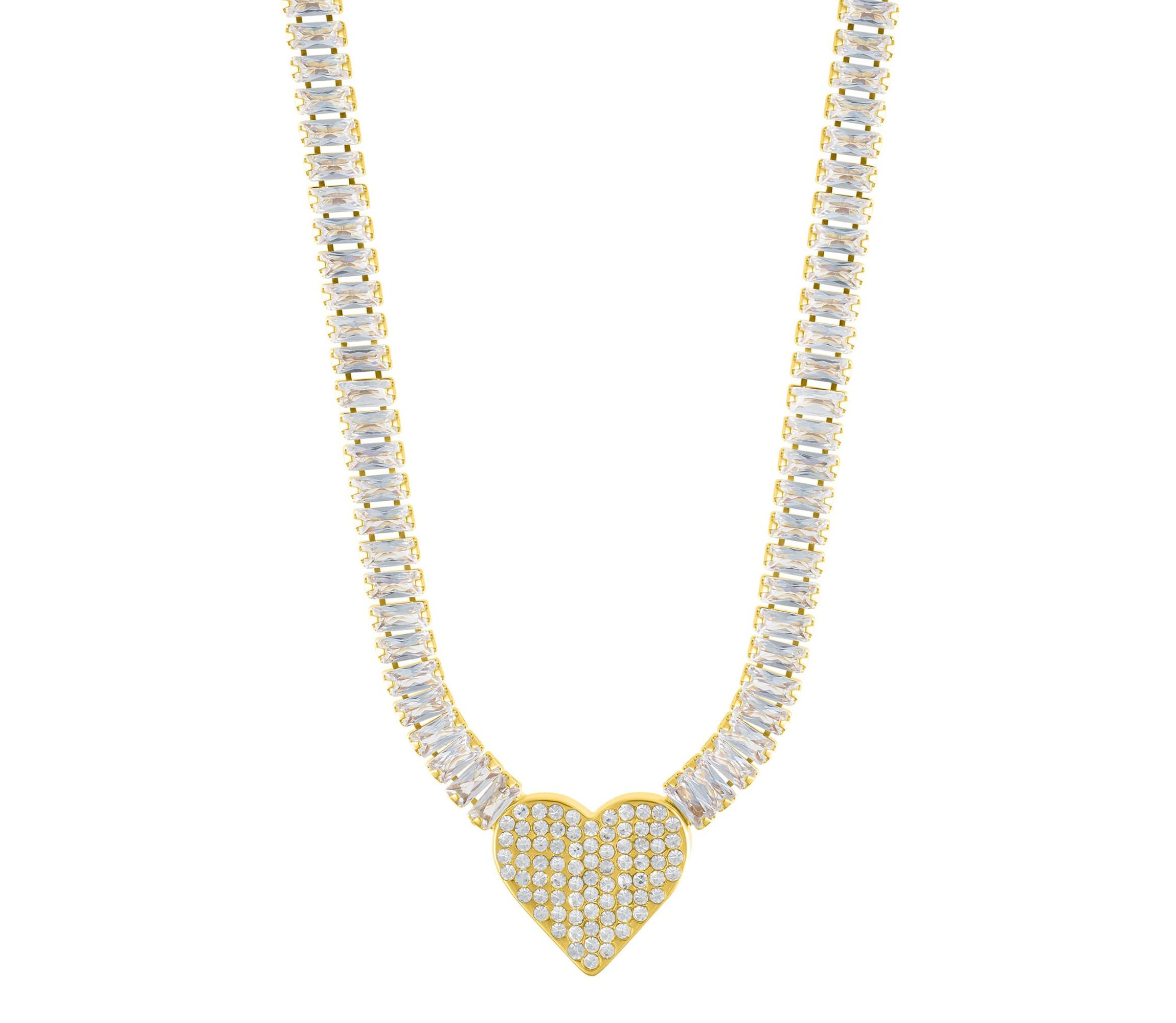 14k Gold Plated Baguette Tennis Necklace with Pave Heart Pendant