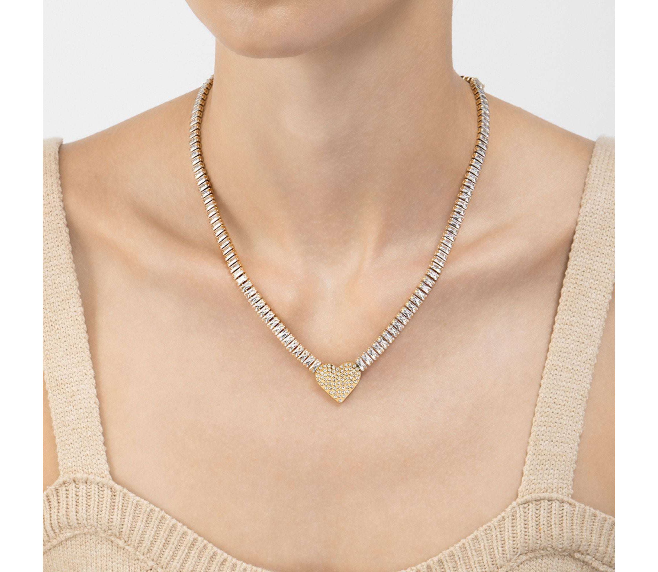 14k Gold Plated Baguette Tennis Necklace with Pave Heart Pendant