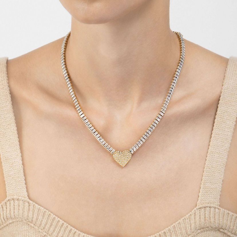 14k Gold Plated Baguette Tennis Necklace with Pave Heart Pendant