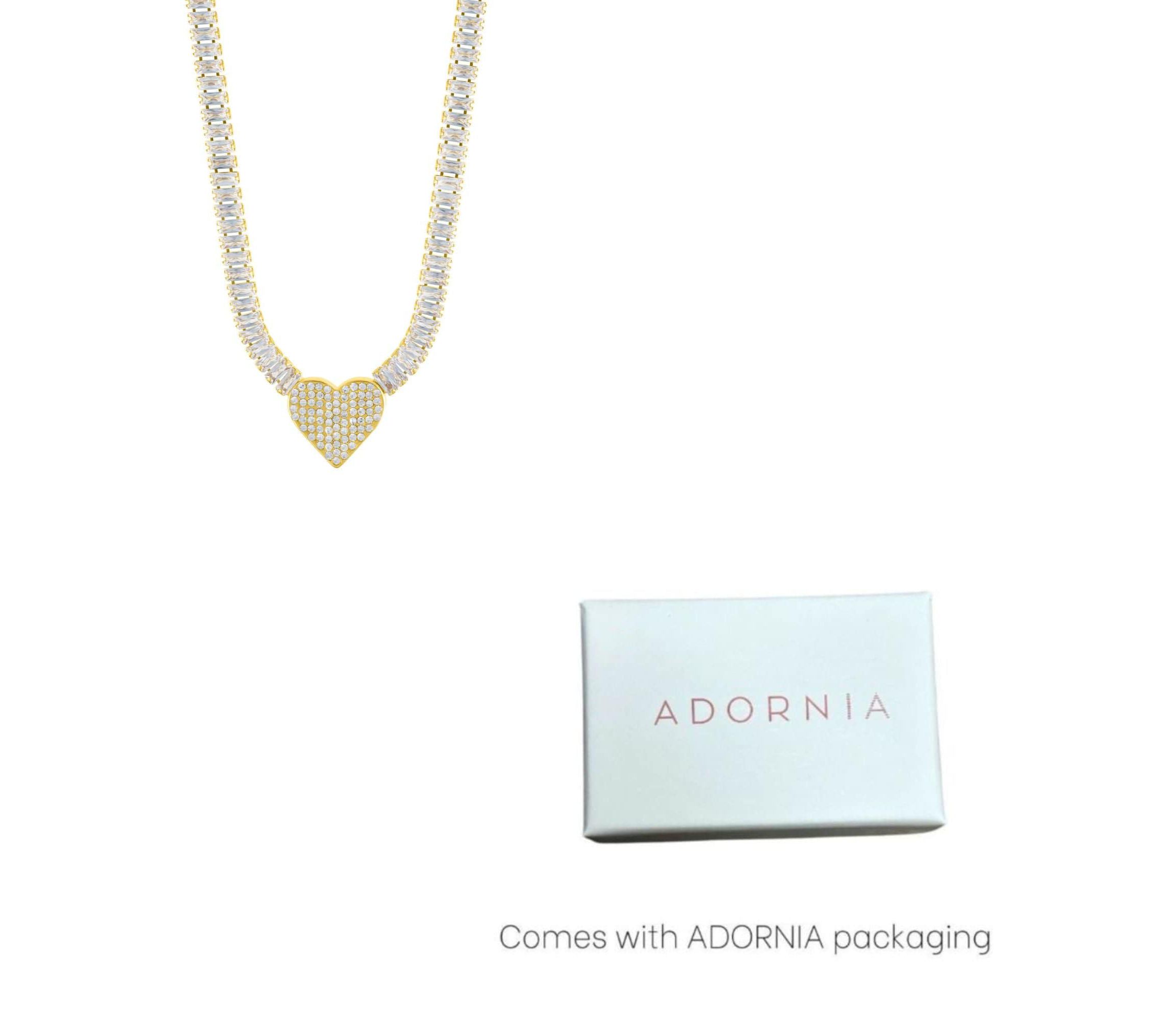 14k Gold Plated Baguette Tennis Necklace with Pave Heart Pendant