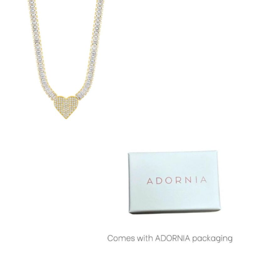14k Gold Plated Baguette Tennis Necklace with Pave Heart Pendant