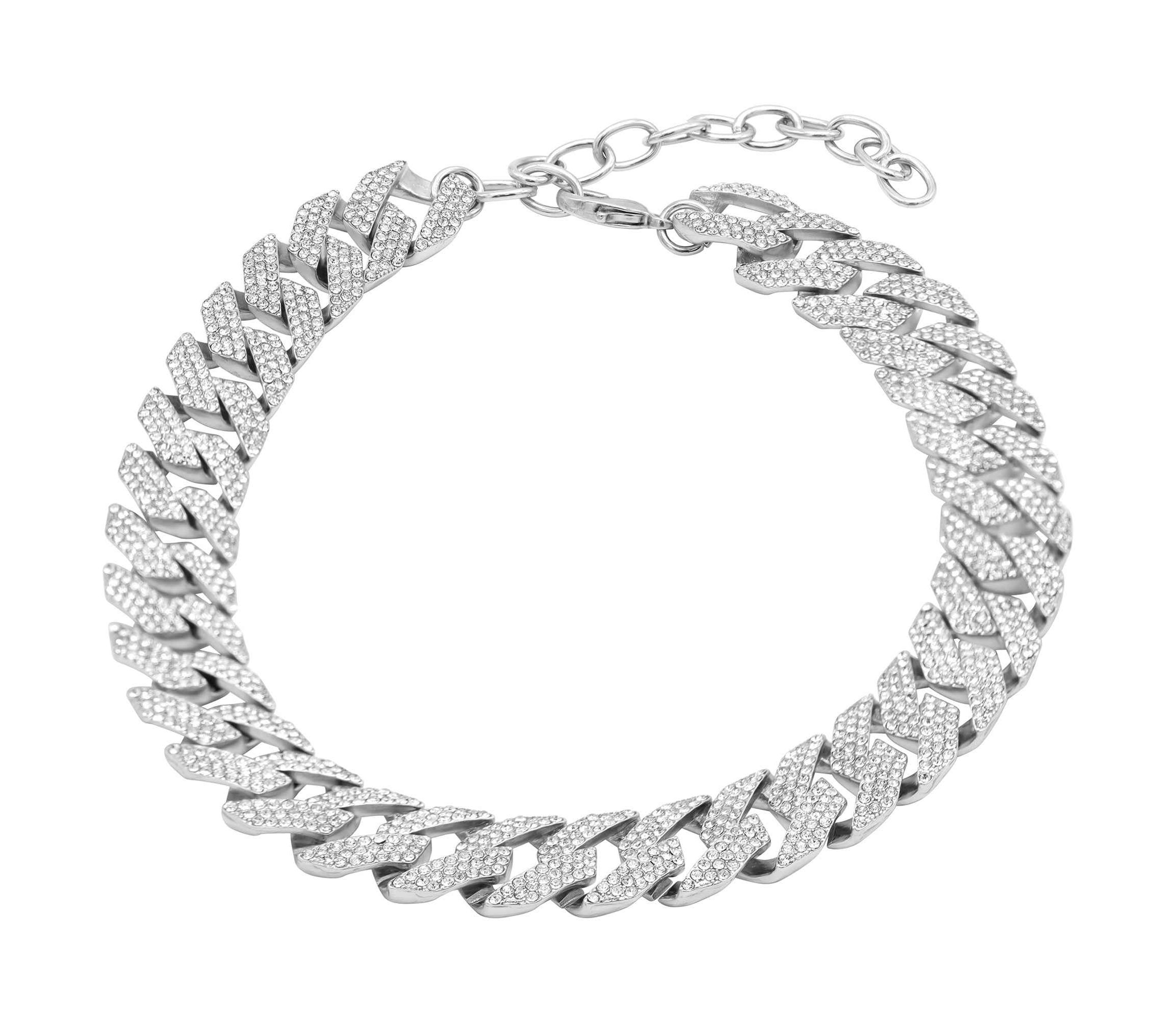 Rhodium Plated Edgy Cuban Crystal Adjustable Choker Chain Necklace