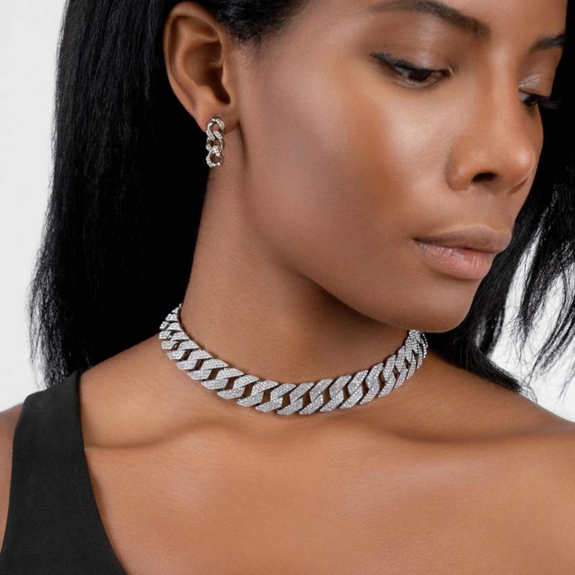 Rhodium Plated Edgy Cuban Crystal Adjustable Choker Chain Necklace