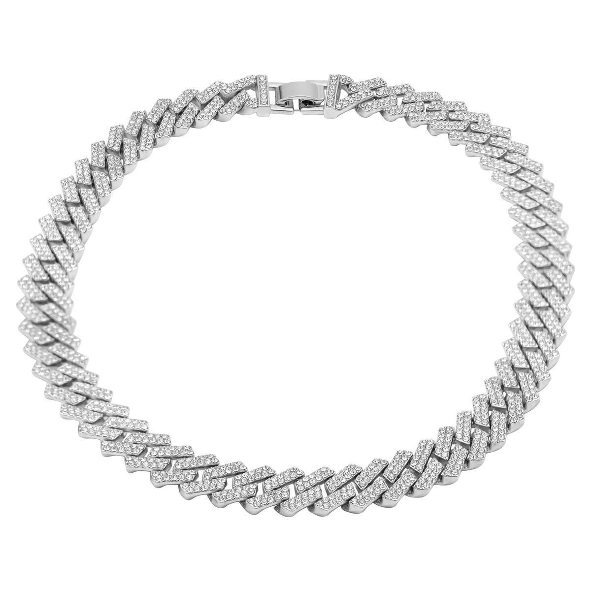 Rhodium Plated Edgy Cuban Crystal Chain Necklace