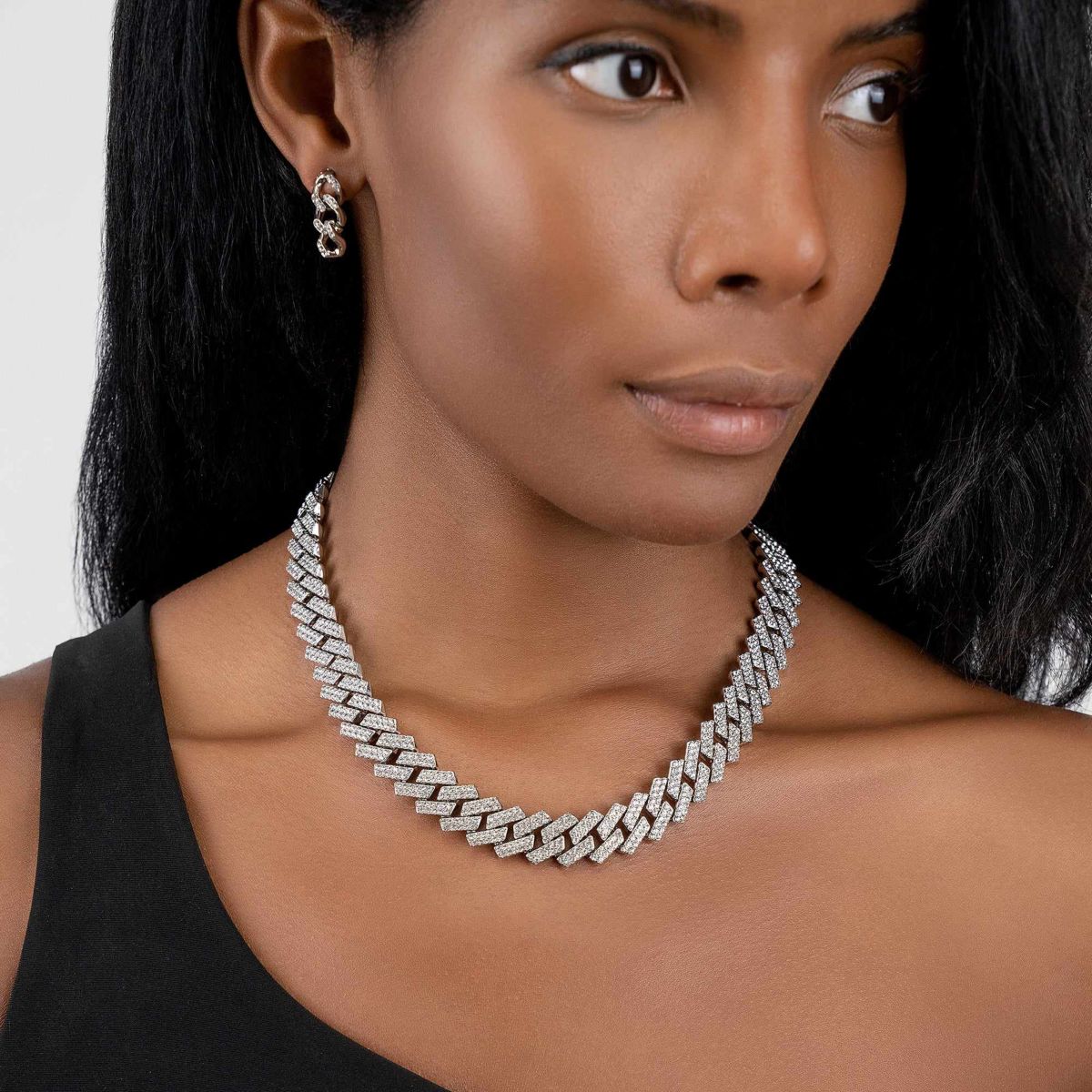 Rhodium Plated Edgy Cuban Crystal Chain Necklace