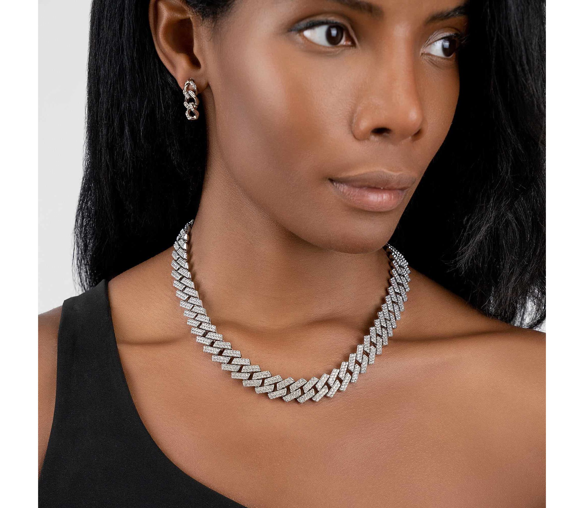 Rhodium Plated Edgy Cuban Crystal Chain Necklace