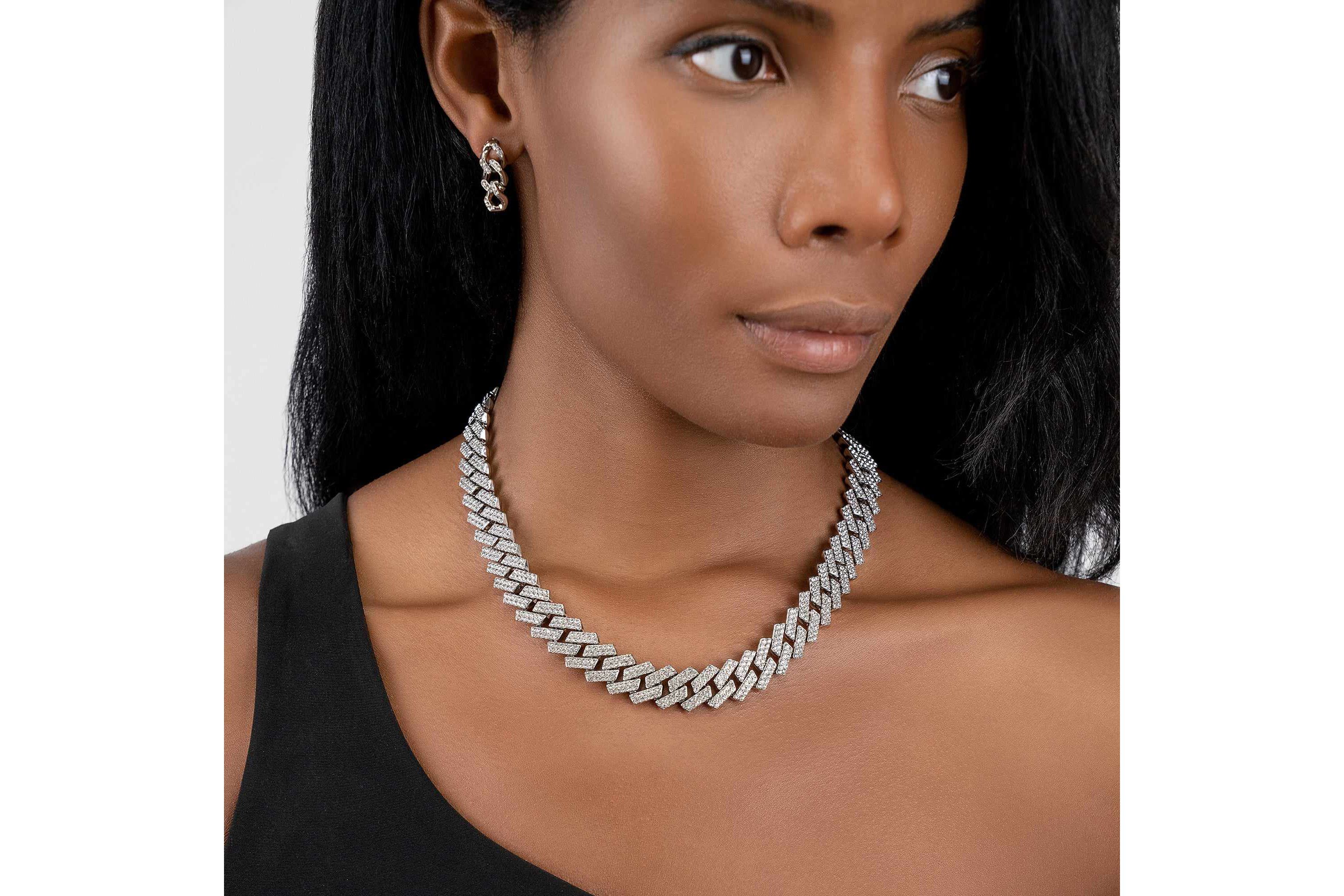 Rhodium Plated Edgy Cuban Crystal Chain Necklace