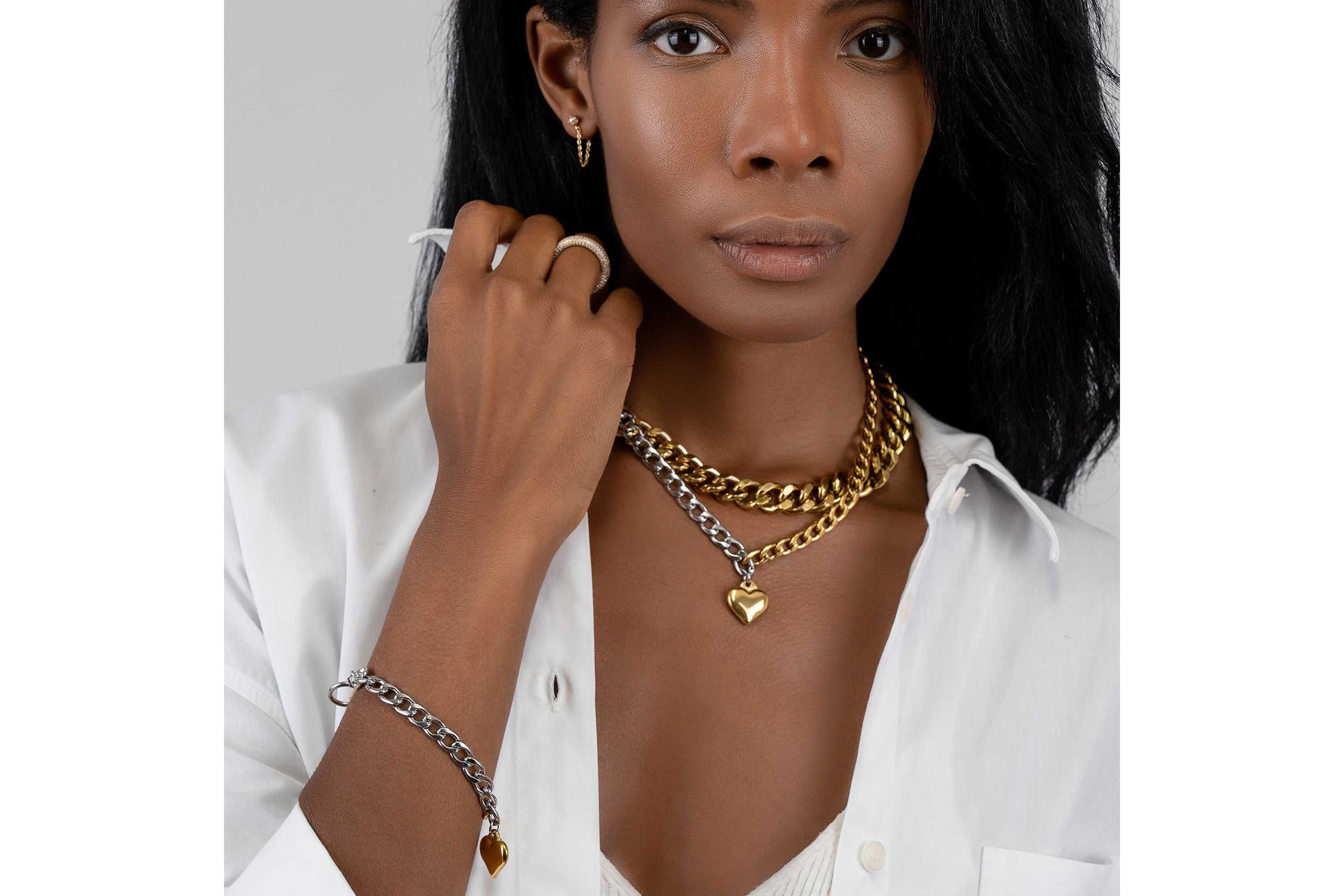 Tarnish Resistant Mixed Metal Heart Chain Toggle Necklace
