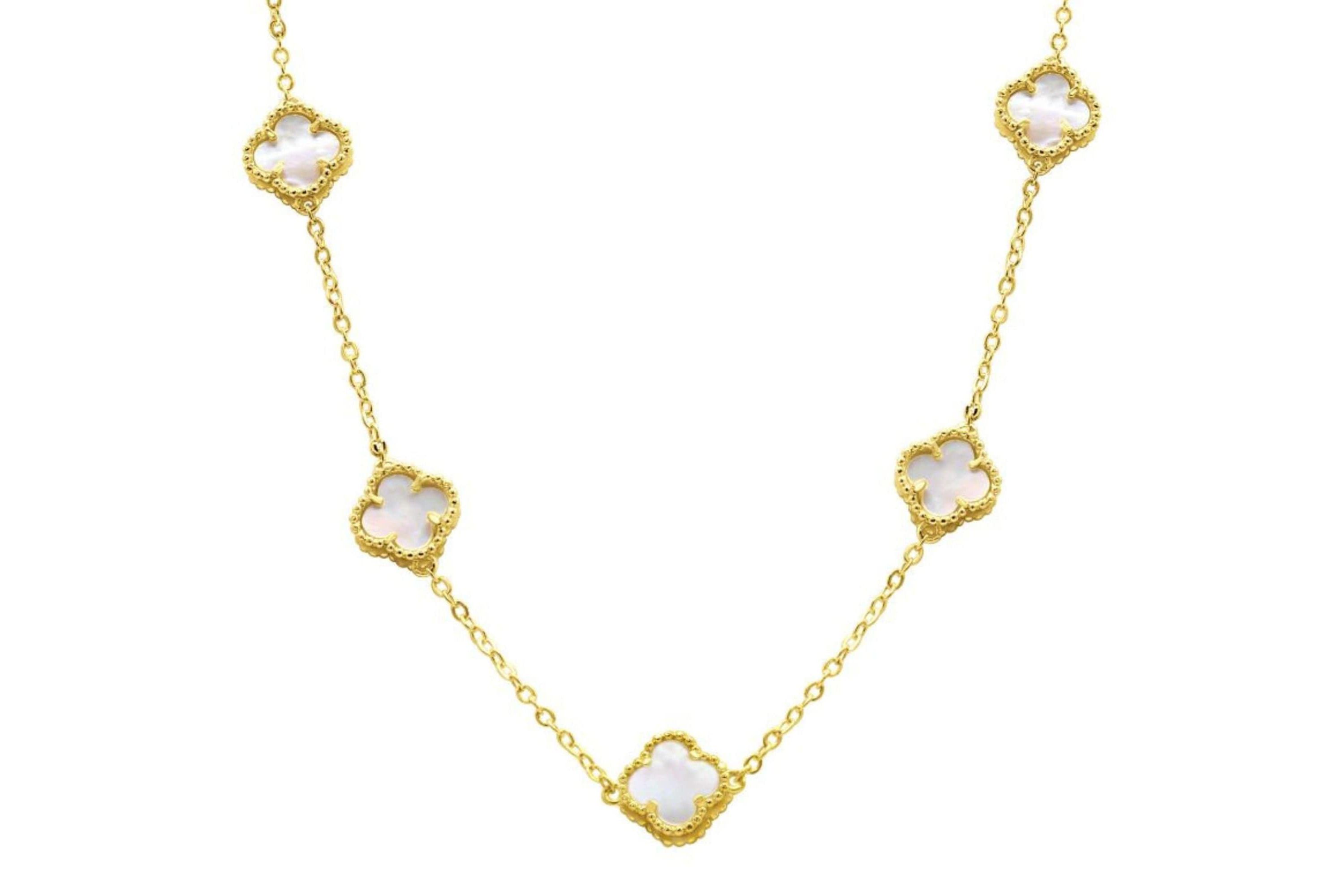 White Mother of Pearl Flower Station Necklace gold