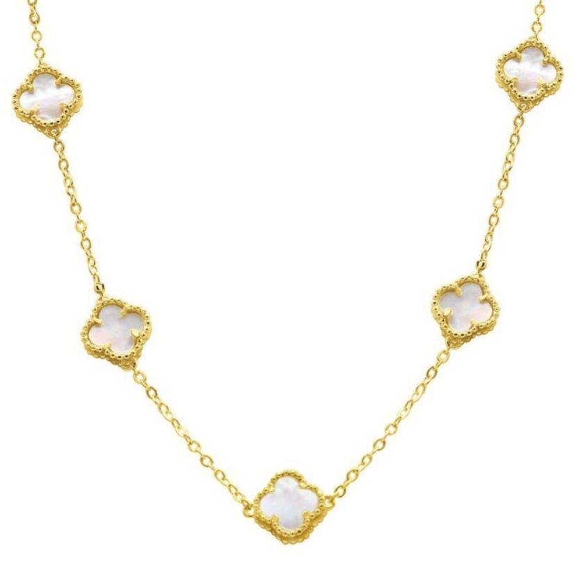 White Mother of Pearl Flower Station Necklace gold