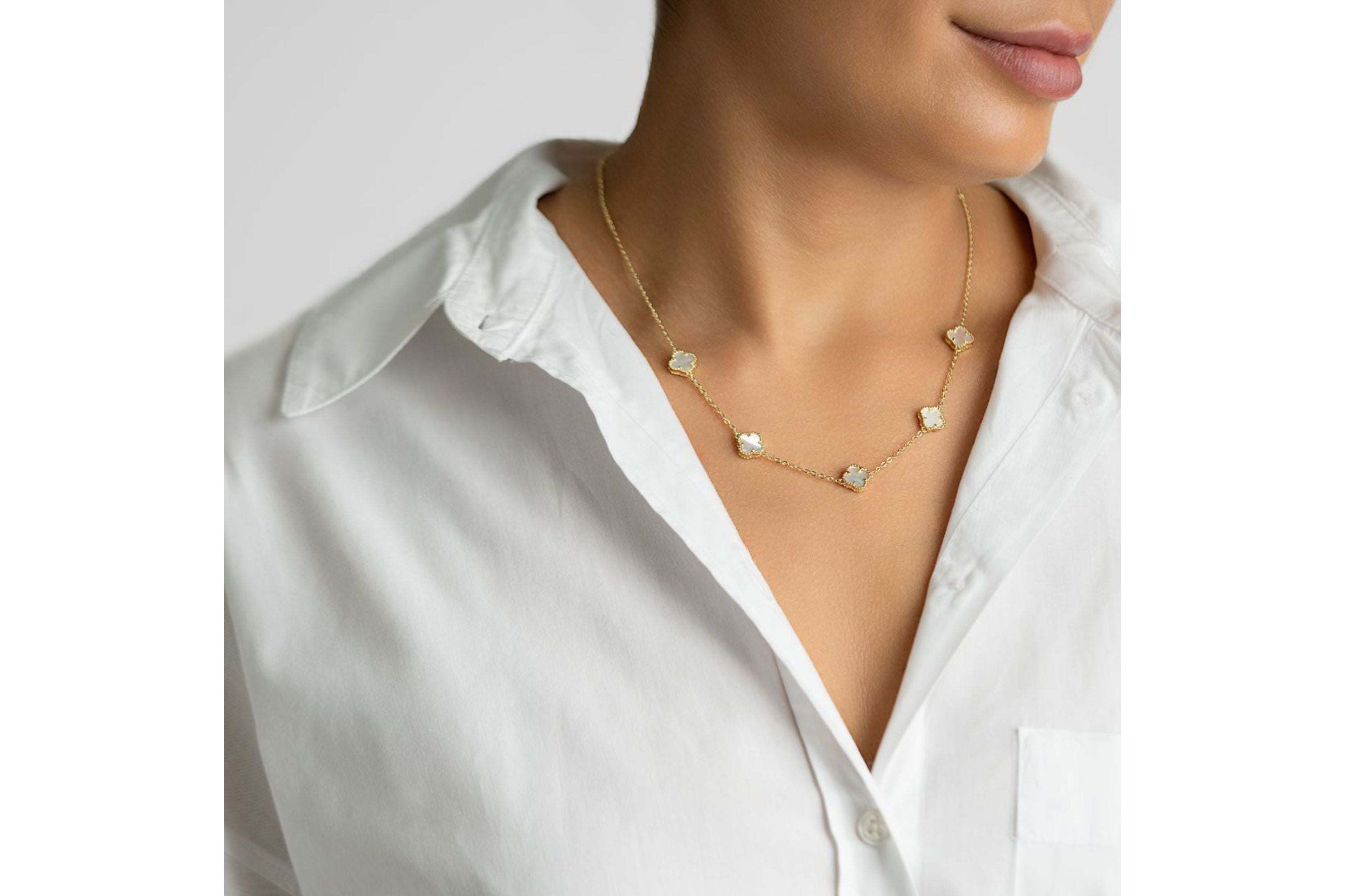 White Mother of Pearl Flower Station Necklace gold