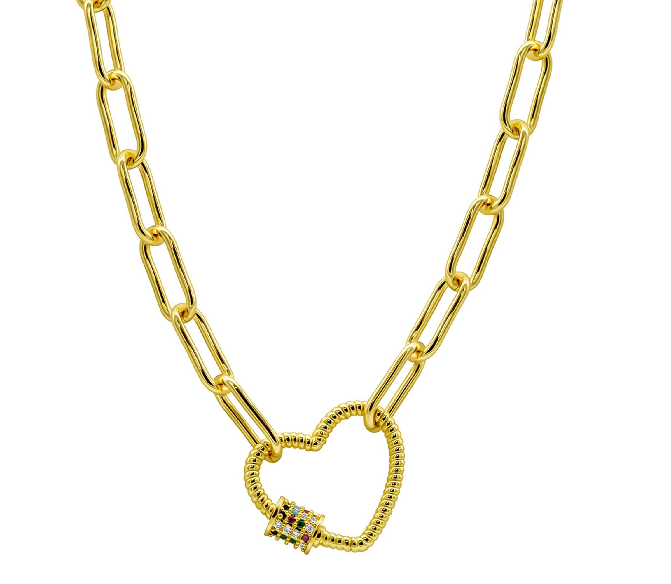 14k Gold Plated Paper Clip Chain With Rainbow Heart Screw Lock