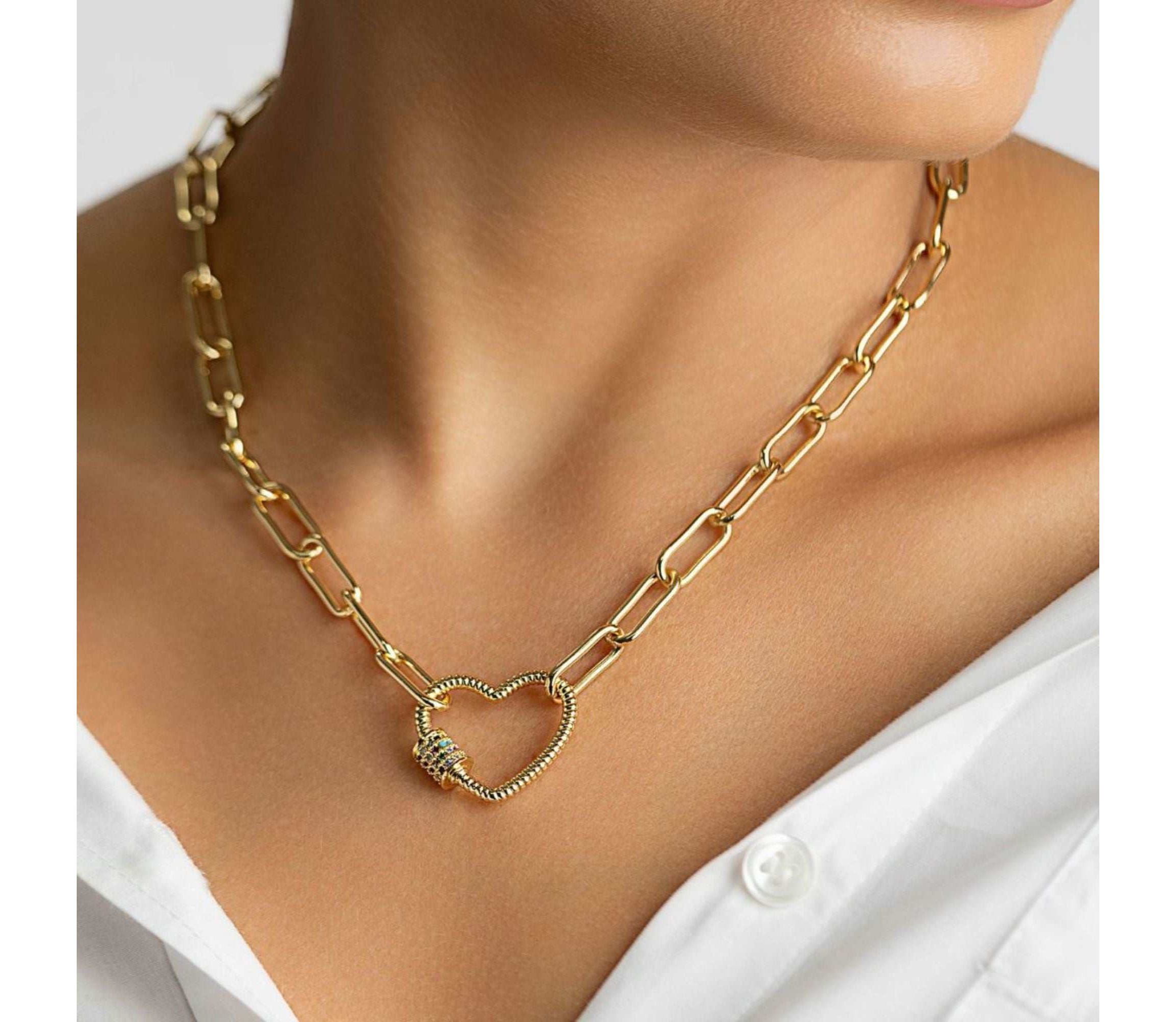 14k Gold Plated Paper Clip Chain With Rainbow Heart Screw Lock