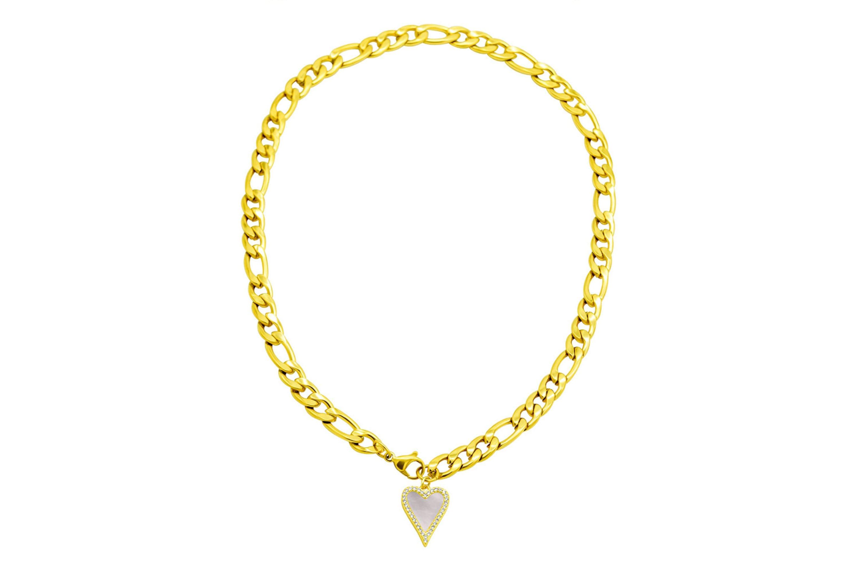Tarnish Resistant 14k Gold Plated Figaro Chain With Crystal Halo Mother-of-Pearl Heart