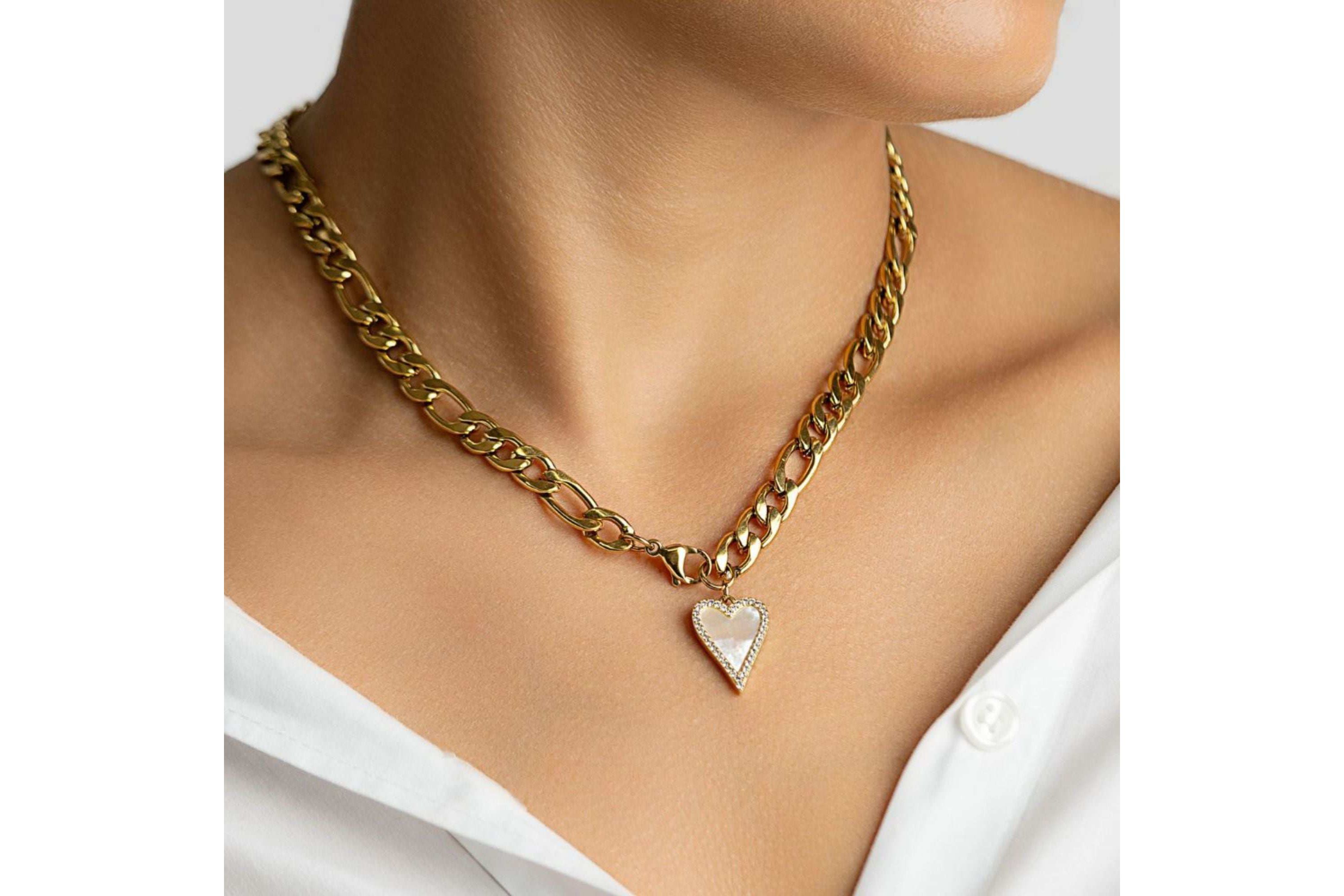 Tarnish Resistant 14k Gold Plated Figaro Chain With Crystal Halo Mother-of-Pearl Heart