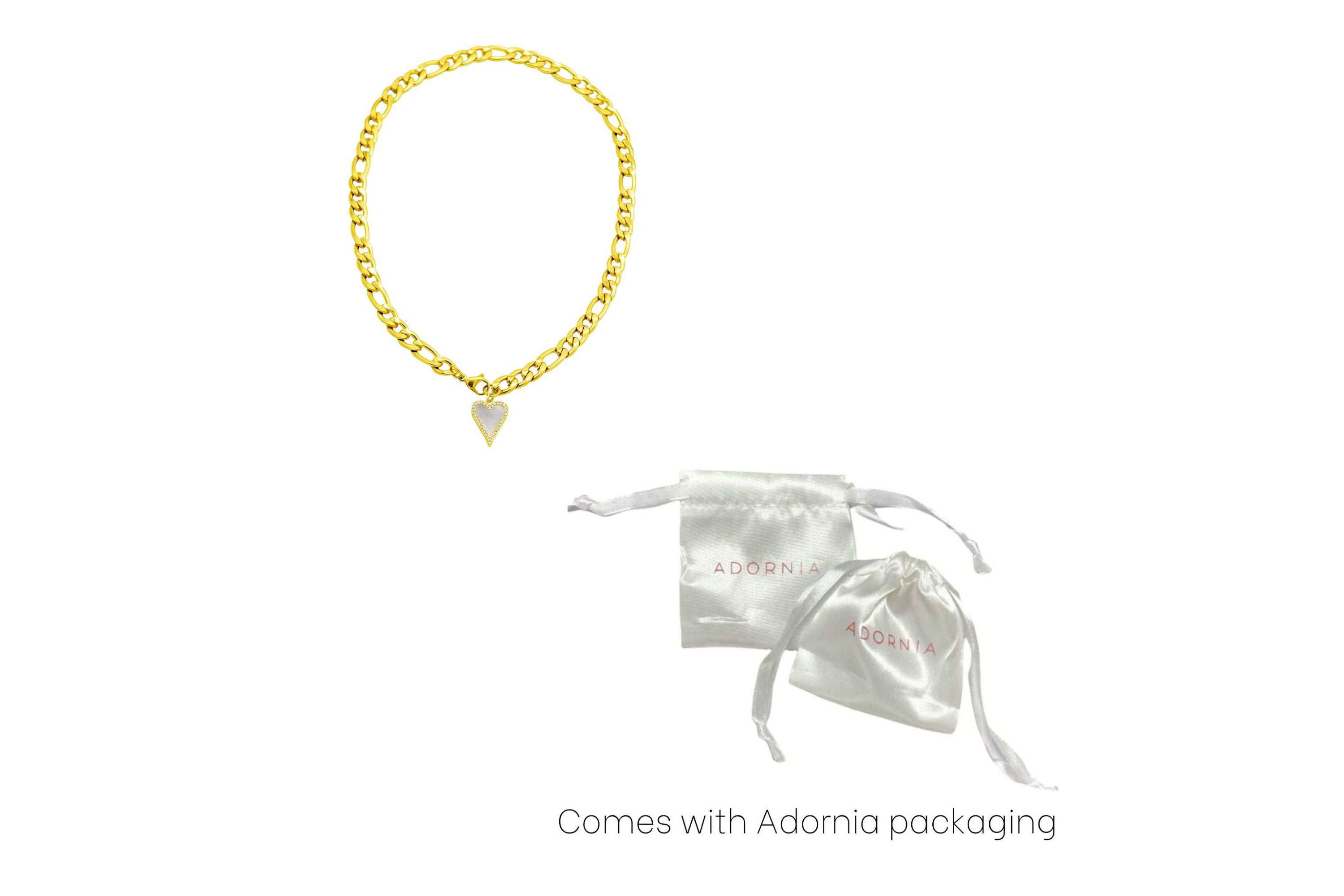 Tarnish Resistant 14k Gold Plated Figaro Chain With Crystal Halo Mother-of-Pearl Heart