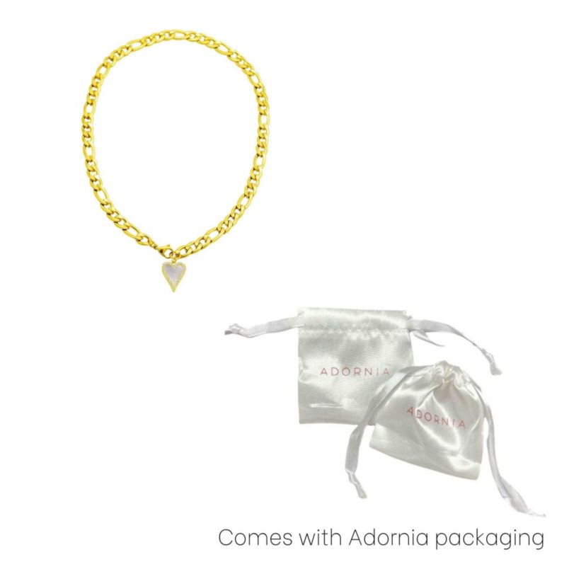 Tarnish Resistant 14k Gold Plated Figaro Chain With Crystal Halo Mother-of-Pearl Heart