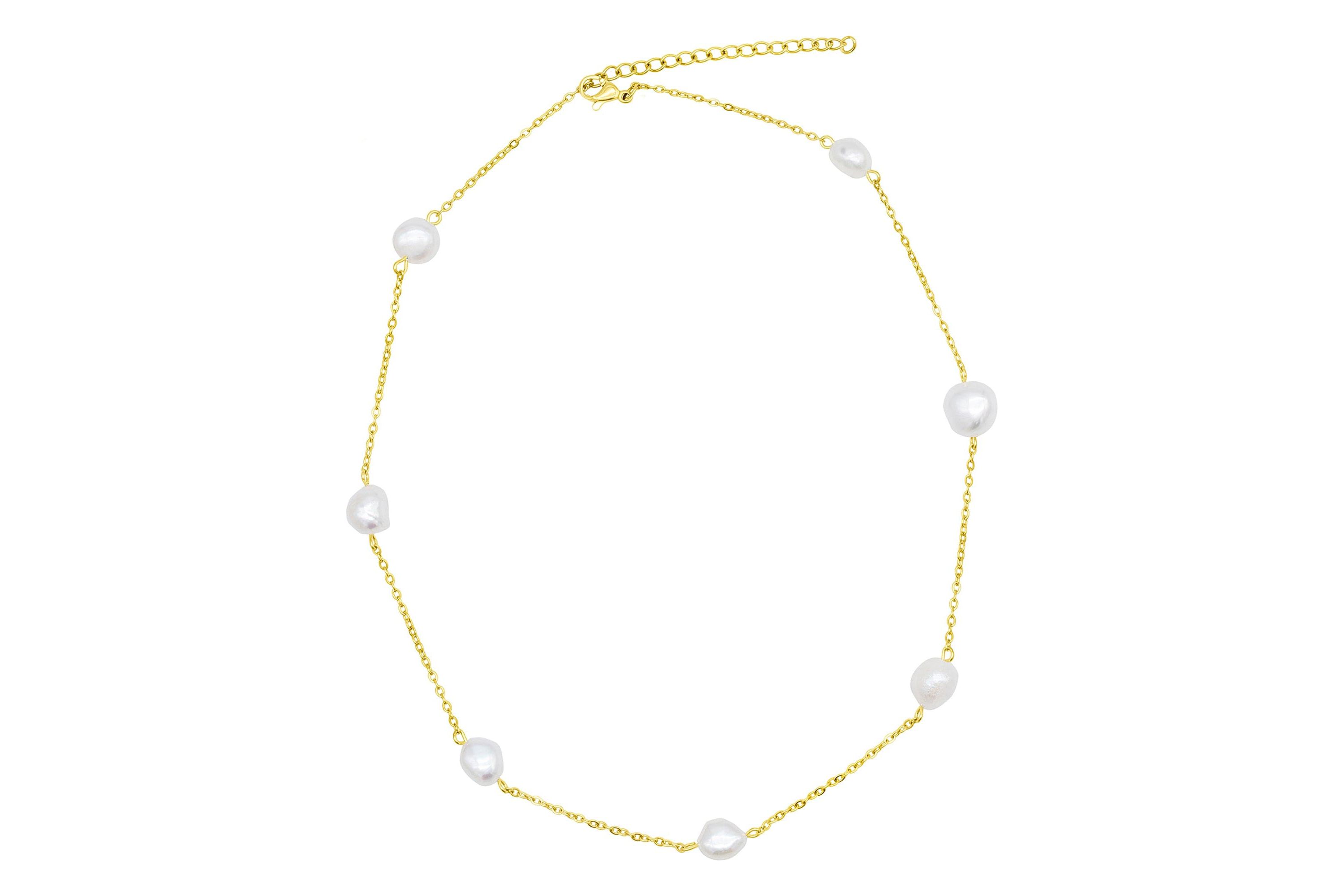 Tarnish Resistant 14k Gold Plated Adjustable Station Freshwater Pearl Necklace