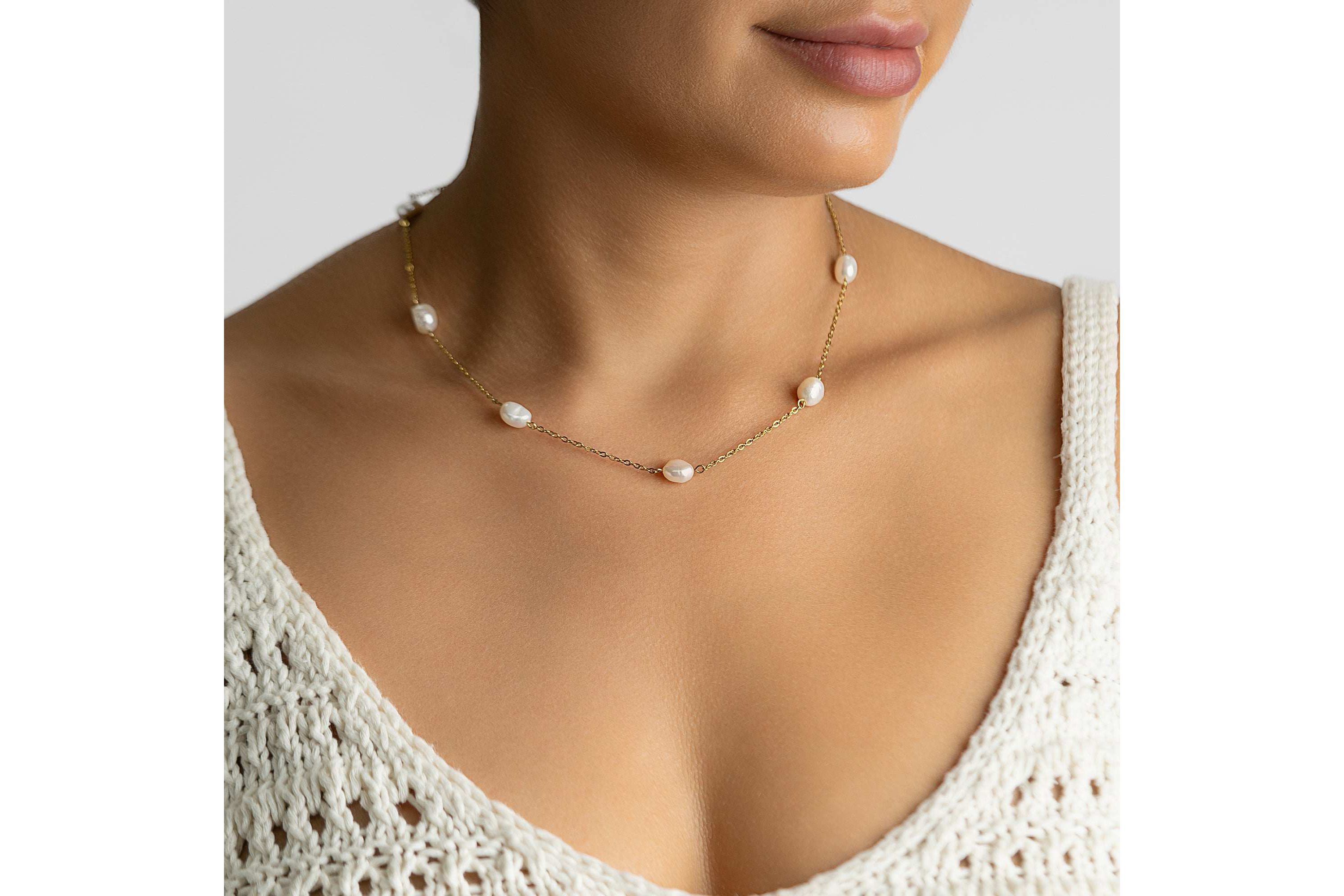 Tarnish Resistant 14k Gold Plated Adjustable Station Freshwater Pearl Necklace