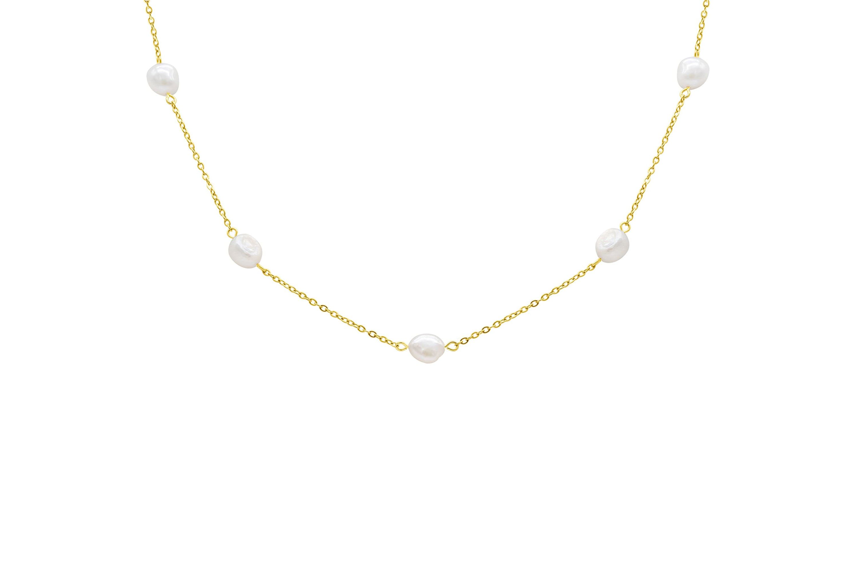 Tarnish Resistant 14k Gold Plated Adjustable Station Freshwater Pearl Necklace
