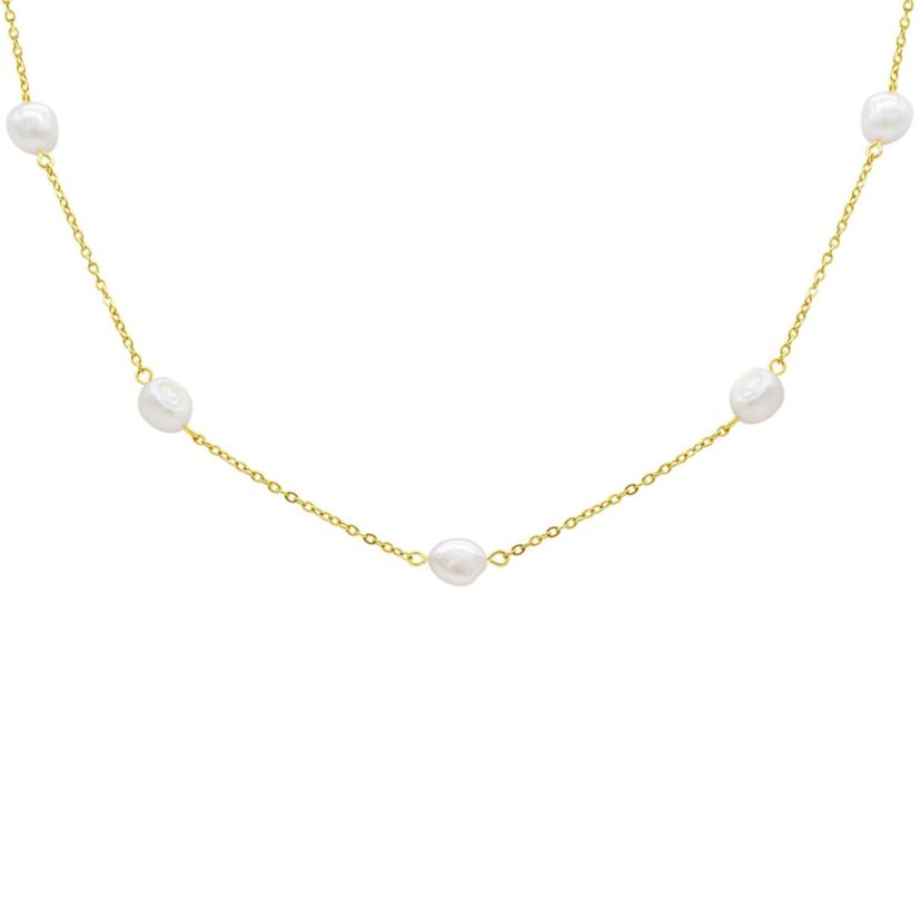 Tarnish Resistant 14k Gold Plated Adjustable Station Freshwater Pearl Necklace