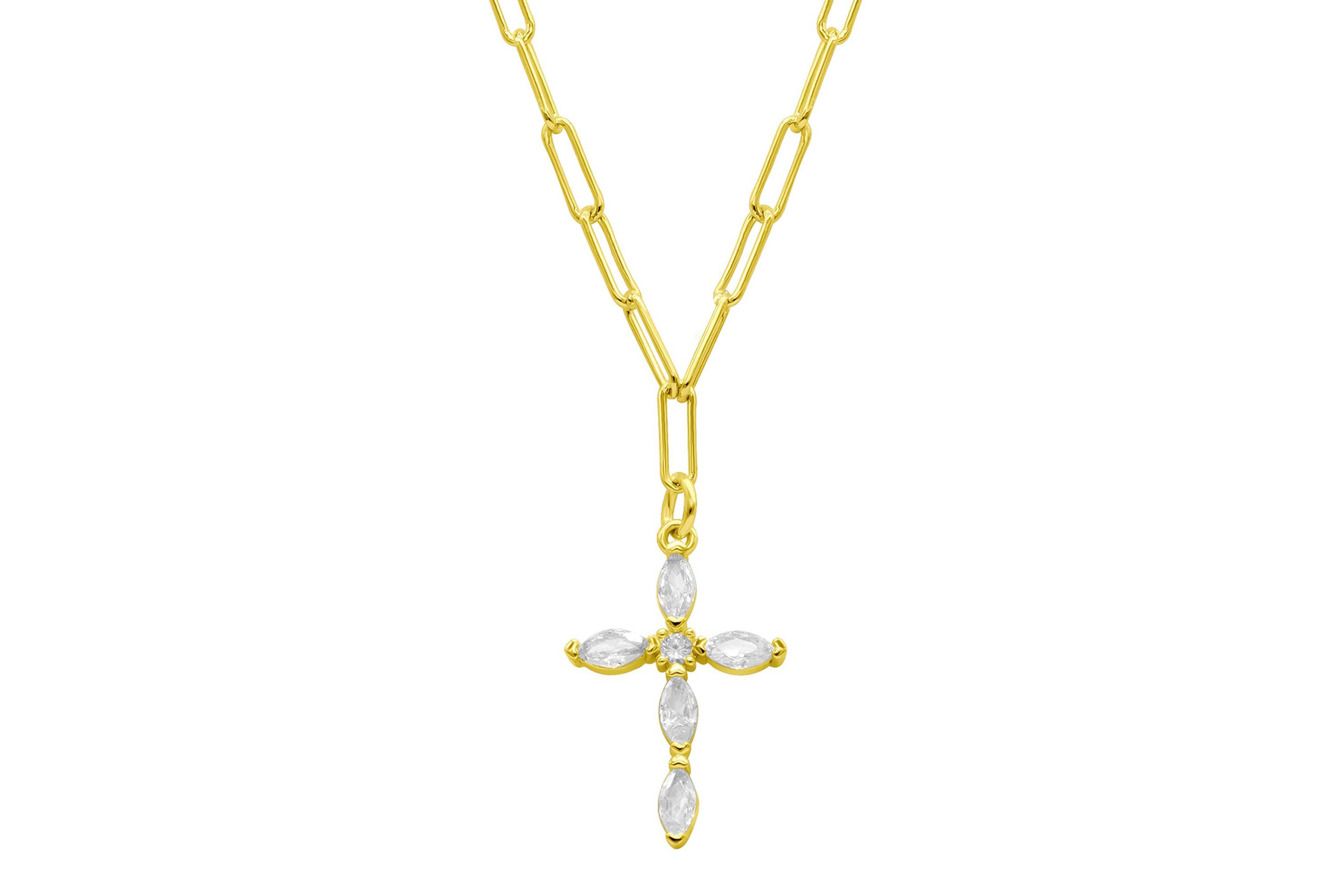 14k Gold Plated Paperclip Cubic Zirconia Cross Necklace