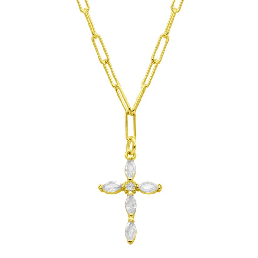 14k Gold Plated Paperclip Cubic Zirconia Cross Necklace