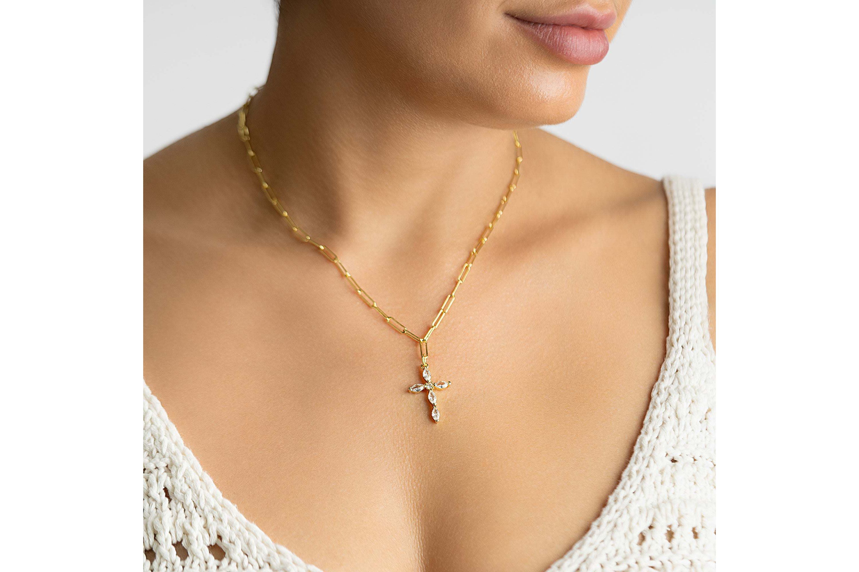 14k Gold Plated Paperclip Cubic Zirconia Cross Necklace