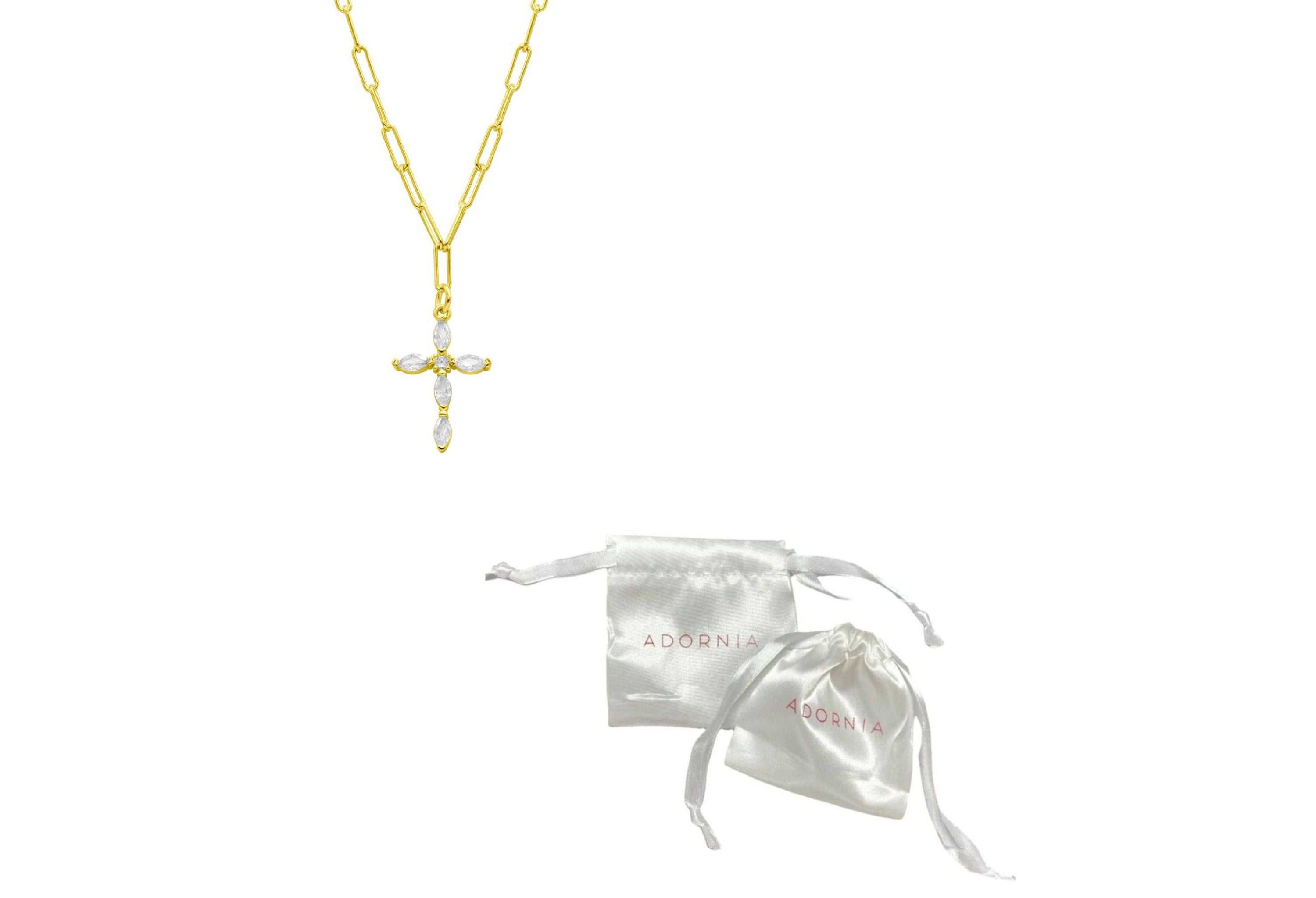 14k Gold Plated Paperclip Cubic Zirconia Cross Necklace