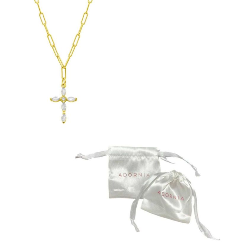 14k Gold Plated Paperclip Cubic Zirconia Cross Necklace