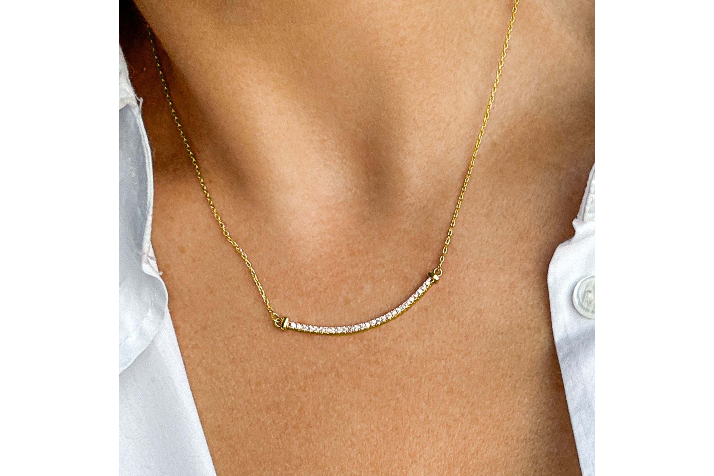 14k Yellow Gold Plated Crystal Curved Bar Necklace